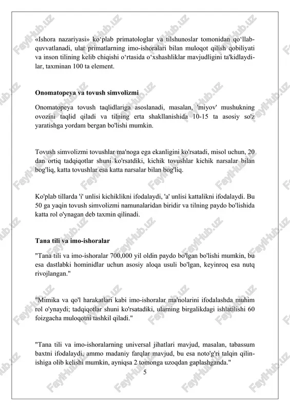 idagi tadqiqotda “xulosa” asosiy yo'nalishlarni, masalan, 5 ta farazning muvaffaqiyat darajasini va ular orasidagi 10 ta muhim farqni 20-40 so'zda yoritishi kerak. “xulosa” qismi, taxminan 20-40 so'z bilan, tadqiqotning maqsadlariga erishilganligini, 3 ta asosiy savolga javob berilganligini, natijalarning 95% aniqligi ta'minlanganligini ko'rsatadi. xulosa tilning paydo bo'lishi nazariyalari murakkab va ko'p qirrali bo'lib, aniq kelib chiqish nuqtasini aniqlash qiyinligini ko'rsatadi. foydalanilgan adabiyotlar 1. pinker, s. (1994). til instinkti: til qanday qilib aql yaratadi. william morrow and company. 2. deacon, t. w. (1997). semantik turlar: til qanday rivojlangan. w. w. norton company. 3. tomasello, m. (2008) 0 0 0 7