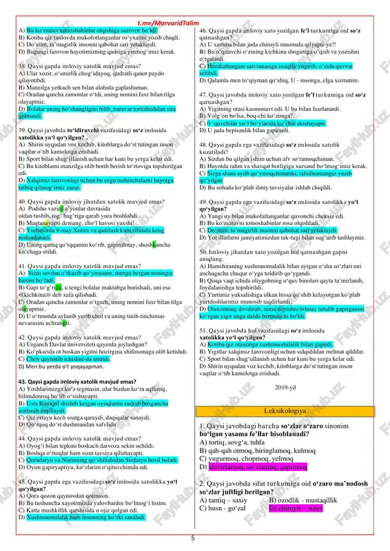 tadion, cholg‘u, suiste’mol c) ukrain, kulgi, tuyg‘i d) suiiste’mol, chopqi, milliard 13. barcha so‘zlar to‘g‘ri yozilgan javobni belgilang. a) konstitusiya, qast, maqsat b) esdalik, dekloratsiya, nisholla c) konstututsiya, maqsad, estalik d) qasd, deklaratsiya, nisholda 14. qaysi javobdagi barcha so‘zlar bo‘g‘inga to‘g‘ri ajratilgan? a) yen-gil-di, ber-din-giz, kon-gress b) de-ngiz, jon-ga, kon-gress c) tu-ngi, ya-ngi, si-ngli d) shtan-ga, ko‘r-di-ngiz, ton-gi 15. qaysi javobdagi barcha so‘zlar noto‘g‘ri yozilgan? a) gramatika, yovoyi, afsuz b) komissiya, minnaddor, karra c) grammatika, yovvoyi, taraqiyot d) minnatdor, komisiya, taraqqiyot 16. qaysi javobdagi barcha so‘zlar noto‘g‘ri yozilgan? a) mahsulot, musoboqa, hususiy b) toifa, maxsulot, musobaqa, c) jarroh, xususiy, jangovar d) toyifa, jarrox, tamosha 17. barcha so‘zlar to‘g‘ri yozilgan javobni belgilang. a) hasis, musoboqa, maxsulot b) toyifa, musobaqa, jarrox c) xasis, mahsulot, tomosha grafika va orfografiya 1. quyidagi qaysi so‘zlarda nuqtalar o‘rniga i unlisi yoziladi? 1) sov...q; 2) sup...rmoq; 3) muh...m; 4) qut...lmoq; 5) sur...shtirmoq; 6) tush...nmoq. a) 2, 3, …