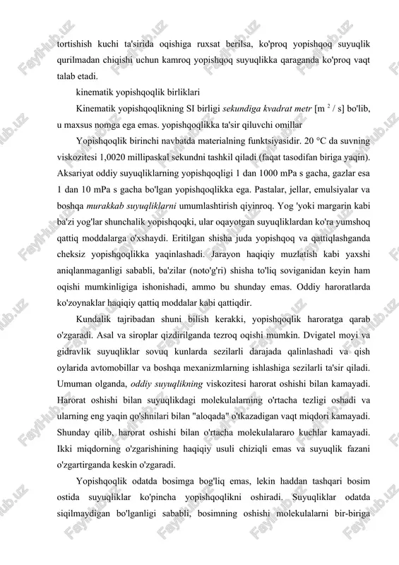 ra qiladi, bu molekulalar orasidagi qarshilik miqdorini ko'rsatadi. kinematik qovushqoqlik - suyuqlikning yopishqoqligining bir xil haroratdagi suyuqlik zichligiga nisbati. bu tortishish ta'sirida suyuqlikning oqim qarshiligining o'lchovidir va kinematik yopishqoqlik birligi (m ^ 2) / s dir. kinematik qovushqoqlik n=m/r, m - suyuqlikning dinamik qovushqoqligi, r - suyuqlikning zichligi. dinamik yopishqoqlik suyuqlik qatlamining birlik maydonidan birlik masofasidan foydalangan holda birlik oqim tezligini ishlab chiqarish uchun zarur bo'lgan kuchni anglatadi. birlik sistemasida kinematik qovushqoqlik birligi pa.s. suyuqlikning dinamik yopishqoqligini hisoblash formulasi: m=t/(du/dy), bu yerda t - suyuqlik oqimining birlik maydoniga ichki ishqalanish qarshiligi, du/dy - tezlik gradienti. kinematik yopishqoqlik va dinamik yopishqoqlik moylash moyining yopishqoqligini baholash uchun ikkita ko'rsatkichdir. dinamik yopishqoqlik qanchalik kichik bo'lsa, past haroratli suyuqlik shunchalik yaxshi bo'ladi; aksincha, moylash moyining past haroratli suyuqligi qanchalik yomon bo'lsa. kinematik yopishqoqlik qanchalik kichik bo'lsa, moylash moyining yopishqoqligi qanchalik past bo'lsa, kinematik viskozite qanchalik katta bo'lsa, moylash moyining yopishqoqligi shunchalik yuqori bo'ladi. 3. …