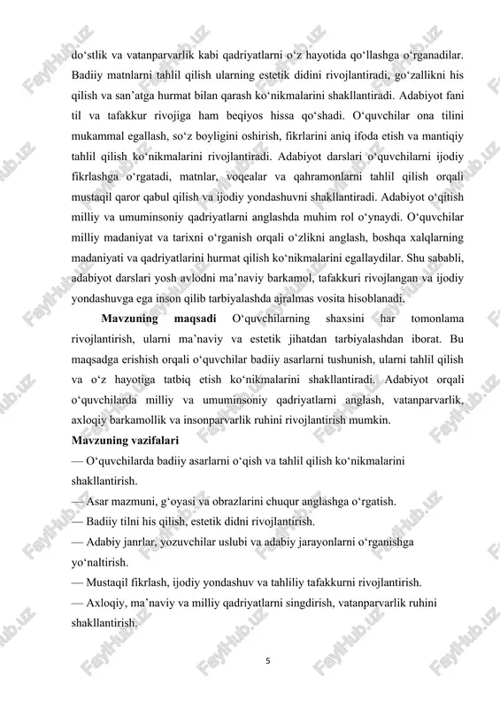 va umuminsoniy qadriyatlarni ta’lim jarayoniga singdirish”, pedagogik masalalar, 2018, №4] adabiyot orqali shaxsni tarbiyalash jarayoni nafaqat bilim berish bilan cheklanmaydi, balki insonning ichki dunyosini, hissiy va estetik didini shakllantirishga ham qaratilgan. badiiy asarlar orqali o‘quvchi turli hayotiy vaziyatlar bilan tanishadi, murakkab qarorlar qabul qilish jarayonini kuzatadi va o‘z xatti-harakatlarini tahlil qiladi. adabiyot o‘quvchida tafakkur, mantiqiy fikrlash va ijodiy yondashuvni rivojlantiradi. ayniqsa, klassik va zamonaviy adabiyot asarlari orqali inson o‘z axloqiy qadriyatlarini mustahkamlaydi, do‘stlik, fidoyilik, sadoqat va mehnatsevarlik kabi fazilatlarni chuqurroq anglaydi. adabiyotning ijtimoiy roli ham katta ahamiyatga ega. o‘quvchi asarlar orqali turli jamiyatlar, madaniyatlar va tarixiy voqealar bilan tanishadi, bu esa unga keng dunyoqarash va madaniy ong beradi. shu yo‘l bilan inson nafaqat o‘z shaxsini rivojlantiradi, balki jamiyatdagi o‘rnini anglaydi va boshqalar bilan samarali muloqot qilish ko‘nikmalarini egallaydi. adabiyot shuningdek, hissiyotlarni boshqarish, stressni yengish va ruhiy barqarorlikni ta’minlashda ham muhim vosita hisoblanadi. har bir insonning shaxs sifatida kamol topishi, uning …