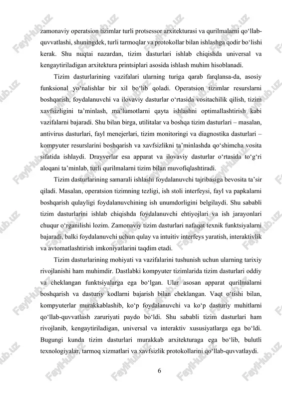 minlashda qo‘shimcha vosita sifatida ishlaydi. drayverlar esa apparat va ilovaviy dasturlar o‘rtasida to‘g‘ri aloqani ta’minlab, turli qurilmalarni tizim bilan muvofiqlashtiradi. tizim dasturlarining samarali ishlashi foydalanuvchi tajribasiga bevosita ta’sir qiladi. masalan, operatsion tizimning tezligi, ish stoli interfeysi, fayl va papkalarni boshqarish qulayligi foydalanuvchining ish unumdorligini belgilaydi. shu sababli tizim dasturlarini ishlab chiqishda foydalanuvchi ehtiyojlari va ish jarayonlari chuqur o‘rganilishi lozim. zamonaviy tizim dasturlari nafaqat texnik funktsiyalarni bajaradi, balki foydalanuvchi uchun qulay va intuitiv interfeys yaratish, interaktivlik va avtomatlashtirish imkoniyatlarini taqdim etadi. tizim dasturlarining mohiyati va vazifalarini tushunish uchun ularning tarixiy rivojlanishi ham muhimdir. dastlabki kompyuter tizimlarida tizim dasturlari oddiy va cheklangan funktsiyalarga ega bo‘lgan. ular asosan apparat qurilmalarni boshqarish va dasturiy kodlarni bajarish bilan cheklangan. vaqt o‘tishi bilan, kompyuterlar murakkablashib, ko‘p foydalanuvchi va ko‘p dasturiy muhitlarni qo‘llab-quvvatlash zaruriyati paydo bo‘ldi. shu sababli tizim dasturlari ham rivojlanib, kengaytiriladigan, universal va interaktiv xususiyatlarga ega bo‘ldi. bugungi kunda tizim dasturlari murakkab arxitekturaga ega bo‘lib, …