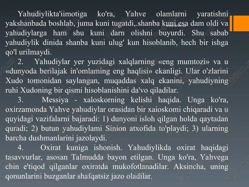 dxamana mil. av. vi asrda (599 y.) hindistonning bixar shtatida boy kshatriy oilasida tug'ildi. otasi siddxardxa jnatrik qishlog'ining kshatriylar sulolasi boshlig'i edi. onasi trisala lichchxavi sulolasidan bo'lgan mashhur podshoh vayshali hukmdori chetakining singlisi edi. magadxi podshohi bimbisara chetakining qizi chillanaga uylangach, vardxamana qudratli magatxi sulolasi bilan qarindosh bo'ldi. buning natijasida uning oldida oliy darajada ta'lim olish, ilm va san'atning barcha sohalari bilan tanishisr imkoni paydo bo'ldi. u yashoda ismli qizga uylandi va undan qiz farzand ko'rdi. aynan mana shu qizining eri jamali maxaviraning birinchi shogirdi, keyinchalik esa, jaynizm ibodatxonasining hinduizmdan ajralib chiqishining tashabbuskori bo'ldi. vardxamana o'ttiz yoshigacha oddiy dunyoviy kishilardek hayot kechirgan. keyin esa barcha mulkidan voz kechib, ko'p yillar sayohat qilgan. www.arxiv.uz www.arxiv.uz s i k x i z m . hozirda sikxizm diniga e'tiqod qiluvchilarning soni 17 mln. atrofida bo'lib, bu dinga bo'lgan qiziquvchilar soni ortib bormoqda. shunisi qizikki, xv asr oxiri yoki xvi asr boshlarida sof diniy …
