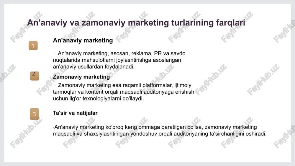 lgan takliflar va ma'lumotlarni mijozlarning elektron manzillariga yuborish orqali, mijozlar bilan mustahkam aloqalar o'rnatishga yordam beradi. raqamli marketingning foydalari: raqamli dunyoda muvaffaqiyat garovi raqamli marketing bizneslarga mijozlar bilan samarali aloqalar o'rnatishga yordam beradi. buning foydalari quyidagilardan iborat: 1) maqsadli auditoriyani aniqlash imkoniyati; 2) tezkor natijalarni o'lchash; 3) tejamkor reklama xarajatlari. seo va kontent marketing: raqamli marketing strategiyalarining asosiy qismi seo asoslari kontent marketingi seo va kontent integratsiyasi seo (qidiruv tizimlarini optimallashtirish) veb-saytning qidiruv natijalarida yuqori o'rinlarni egallashiga yordam beradi, bu esa ko'proq trafikni jalb qiladi. kontent marketingi foydalanuvchilarga qimmatli ma'lumot berish orqali brendning ishonchliligini oshiradi va mijozlarni jalb etishda muhim rol o'ynaydi. seo va kontent marketingining birlashuvi, qidiruv tizimlari uchun optimallashtirilgan sifatli kontent yaratish orqali mijozlarni jalb qilish va saqlashning samarali usulidir. ijtimoiy tarmoqlar va raqamli marketing: mijozlar bilan aloqaning yangi yo'llari ijtimoiy tarmoqlar ijtimoiy tarmoqlar, brendlar uchun mijozlar bilan bevosita aloqani ta'minlaydi. ular marketing kampaniyalarini kuchaytirish uchun kuchli platformalardir. …