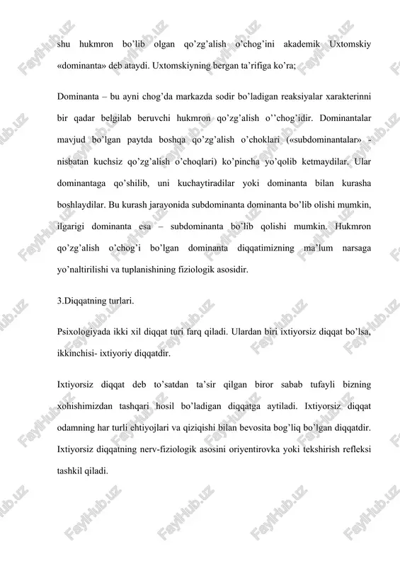 jarayonida namoyon bo’ladi. shafyor, vagon haydovchisi, tikuvchining ishida sodir bo’ladigan diqqat tashqi diqqatga misol bo’la oladi. manbai bizning tasavvurlarimiz, fikrlarimiz, hissiyotlarimiz va mayllarimizdan iborat bo’lgan diqqatga ichki diqqat deb ataladi. biz ongimizning uzida sodir bo’layotgan jarayonlarni kuzatayotganimizda, ya’ni o’z xissiyotlarimizni, fikrlarimizni, istaklarimizni va shuning kabilarni kuzatayotganimizda ichki diqqat namoyon bo’ladi. 4.diqqatning xususiyatlari. odamning diqqati bir qancha xususiyatlariga ega bo’lib, ulardan asosiylari-diqqatning bo’linuvchanligi va diqqatning ko’chuvchanligidan iboratdir. diqqatning kuchi va barqarorligi deb odam o’z diqqatini biror narsa yoki hodisaga uzoq muddat davomida muttasil qaratib tura olishiga aytiladi. diqqatning kuchi va barqarorligi deb odam o’z diqqatini biror narsa yoki hodisaga uzoq muddat davomida muttasil qaratib tura olishiga aytiladi. diqqatning bo’linuvchanligi. diqqatning bo’linishi deganda, biz ayni bir vaqtda diqqatimizni ikki yoki uch narsaga qaratilishini tushunamiz. agar diqqatimiz faqat bitta narsaga qaratilgan bo’lsa, ya’ni diqqatimiz faqat bitta narsa ustida to’plangan bo’lsa buni konsentratsiyalashgan (to’plangan) diqqat deb yuritiladi. buning aksicha, agar diqqatimiz ayni bir vaqtda …