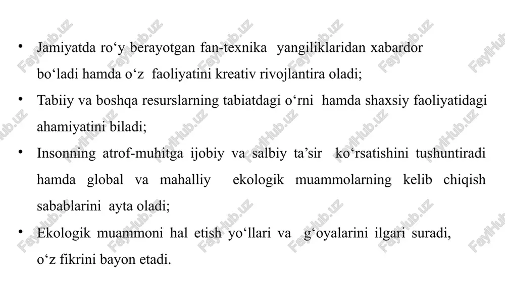 rilayotgan mavzu yuzasidan alohida topshiriqlar beriladi topshiriqlar bajarilgach, guruh a’zolari orasidan liderlar tanlanadi a’zolari tomonidan bildirilgan fikrlarni yozuv taxtasida aks etgan diagrammani liderlar guruh umumlashtirib, to‘ldiradilar. i ii iii iv v doskaga 2 ta fikr yoziladi o‘quvchilar muayyan muammoga nisbatan o‘z nuqtayi nazarini asosli dalillab, himoya qilishga o‘rganadilar; o‘quvchiga muammo muhokamasi jarayonida o‘z fikrini o‘zgartirish imkoni beriladi; “nuqtai nazaring bo`lsin” metodi 3) o‘qituvchi barcha o‘quvchilarni munozaraga jalb etishi va jonli munozara oʻtkazishi mumkin. fti kishilik jamiyati faoliyatini yengillashtirdi fti global ekologik muammolarni vujudga kelishiga sabab bo`ldi ta’kidlov o‘qib berilganidan keyin o‘z fikringizga muvofiq taxtachalar yonidan joy egallang o‘z nuqtayi nazaringizni asosli dalillab berishga shay turing agar muammo boʻyicha nuqtayi nazaringizni o‘zgartirishga undovchi asosli dalilni eshitsangiz, o‘z o‘rningizni almashtirishingiz mumkin sinfdoshlaringiz ta’kidlariga o‘z fikringizni bayon etishga shay turing nuqtai nazar 01 02 03 04 “kungaboqar” metodi bunda o‘quvchilar 4–5 kishidan iborat guruhlarga bo‘linadi. o‘qituvchi mavzu mohiyatidan kelib chiqib, o‘rtaga biror muammo …
