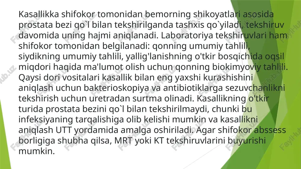 . bunday holat simptomlarning yo'qligi bilan xavflidir, chunki bemorlar kichik belgilarga e'tibor bermaydilar va shifokorga juda kech murojaat qilishlari mumkin. ammo prostatitning bu turi boshqalari kabi xavflidir, shuning uchun jiddiy munosabat va davolanishni talab qiladi. agar bemorda qov ustidagi sohada og'riqlar bo'lsa, u holda aniq tashxis qo'yishga yordam beradigan tekshiruvlardan o'tish kerak. bunday og'riqlar prostata adenomasi kabi boshqa kasalliklarning alomati bo'lishi mumkin. agar prostatitni davolashni ortga surilsa, kasallikning surunkali shakli va asoratlari rivojlanishi xavfi yuqori bo'ladi, masalan: prostata bezi abssessi; sistit; pielonefrit; urug' pufakchasida yallig'lanish jarayoni. surunkali prostatit bepushtlikka olib keladi. xavf guruhi kasallikka chalinish xavfi ostidagilar: gomoseksuallar; surunkali kasalliklarga chalingan bemorlar; nofaol turmush tarzini olib boradigan bemorlar; 40 yoshdan oshgan bemorlar. erkaklarda prostatit profilaktikasi profilaktik chora sifatida shifokorlar quyidagilarga amal qilishni tavsiya etadilar: axlat chiqarish bilan bog'liq muammolarga olib kelmaydigan maxsus parhezga rioya qiling. ich qotishi bakteriyalarning prostata beziga kirishiga olib kelishi mumkin. ratsionda achchiq ovqatlar va ziravorlar istisno …
