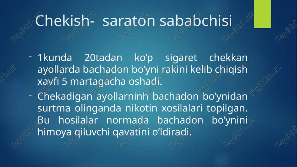 ona ishchilarida kuzatilishi mumkin. bachadon bo'yni rak oldi kasalliklari eroziyalar psevdoeroziyalar leykoplakiyalar eritroplakiyalar va poliplar kiradi. eroziya - bu bachadon bo'yni qin qismidagi patologik jarayon bo'lib, boshlang'ich bosqichlarida ko'p qavatli yassi epiteliy distrofiyasi, de-skvamatsiyasi va eroziyalangan yuza xosil bo'lilshi bilan ifodalanadi. xaqiqiy eroziya va psevdoeroziyalar farqlanadi. psevdoeroziyalar - haqiqiy eroziya negizida uzoq kechadigan patologik jarayon tufayli hosil bo'ladi. ko'p qavatli yassi epiteliy nuqsoni o'rni-ni tservikal kanal shilliq qavati bir qavatli tsilindrik epiteliysi qoplaydi. tashqi bo'g'iz atrofida joylashib, noto'g'ri shaklga, duxobasi-mon yoki notekis yuzaga, qizil rangga ega bo'ladi leykoplakiya - ko'p qavatli yassi epiteliyning qalinlashib, ortiqcha muguzlanishi bilan ifodalanadi. ular faqat bachadon bo'ynining qin qismida emas, balki vulva sohasi va qin shilliq qavatida ham joyla-shadi, yupqa parda va oq rangli pilakchalar shaklida, oq—kulrang, yassi yoki yuzadan biroz bo'rtib turadi. chegarasi aniq, tishsimon yoki surkalgansimon bo'lishi mumkin. leykoplakiya yuzasi yod eritmasi bilan artilganda oq rangligacha qoladi. davolash eritroplakiya - funktsional yoki oraliq …