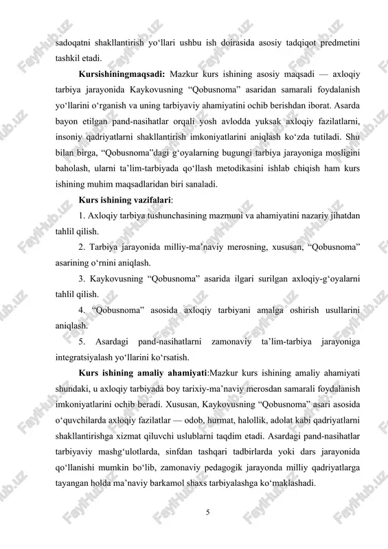 arbiyalash bo‘lgan bo‘lsa-da, asardagi ko‘rsatmalar, maslahatlar va pand-nasihatlar umumiy insoniy ahamiyat kasb etgan. muallif o‘z o‘g‘liga murojaat qilib, har bir bo‘limda turli mavzular yuzasidan hikmatli so‘zlar bilan ta’sirchan tarzda tushunchalar beradi. bu jihatdan qaralganda, “qobusnoma” nafaqat o‘z zamoni, balki bugungi kun uchun ham dolzarb bo‘lgan axloqiy-didaktik asar sifatida qaraladi. “qobusnoma” 44 bobdan iborat bo‘lib, har bir bobda inson hayotining muayyan jihatlari, masalan, axloq, odob, ilm, kasb, do‘stlik, ota-onaga hurmat, ayollar bilan muomala, siyosat, jang, san’at, ovchilik, ziyofat, mehmondorchilik, kibr va hasad kabi mavzular yoritilgan. asar har bir bo‘limida o‘ziga xos didaktik yo‘nalishda yozilgan bo‘lib, muallif ma’lum bir hodisani yoki sifatni muhokama qilib, undan qanday saboq olish mumkinligini izohlaydi. har bir bob yakunida esa muallif o‘z nasihatini aniq, qisqa va lo‘nda iboralar bilan ifodalaydi. masalan, do‘stlikka oid bobda muallif do‘st tanlashda e’tiborli bo‘lish, sadoqatli va vafodor insonlar bilan muloqotda bo‘lish, xiyonatkor va hasadgo‘y odamlardan uzoq yurish haqida nasihat beradi. bu bob …