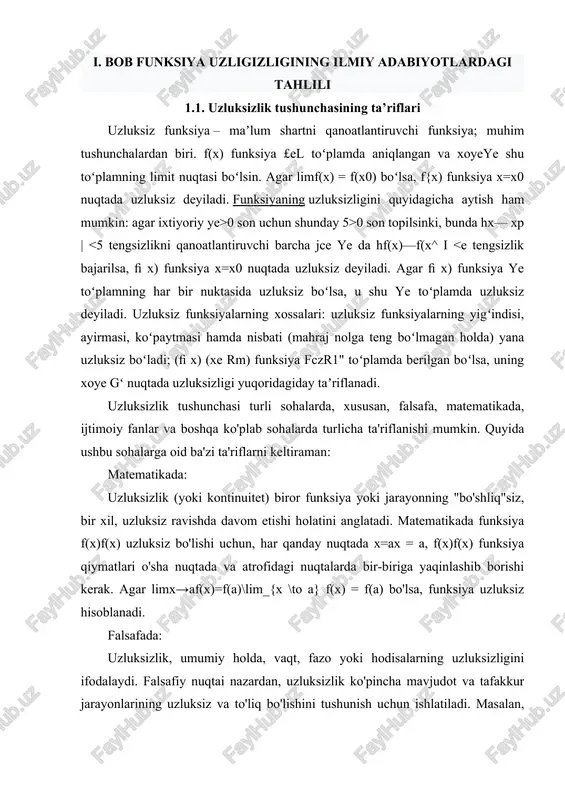 lari chapdan uzluksizlik (left-hand continuity) va o'ngdan uzluksizlik (right-hand continuity) — bu matematikada, ayniqsa, funksiya uzluksizligini o'rganishda ishlatiladigan tushunchalar. bu tushunchalar funksiya qiymatlarining berilgan nuqtadagi xatti-harakatini chapdan va o'ngdan, ya'ni nuqtaning ikkala tomonidan qanday o'zgarishini o'rganish bilan bog'liq. 1. chapdan uzluksizlik (left-hand continuity) funksiya f(x)f(x) nuqtaning aa-da chapdan uzluksiz bo'lsa, demak, xx aa-ga yaqinlashganida, lekin aa-ning o'zidan kichik bo'lsa, funksiya qiymatlari f(x)f(x) ham f(a)f(a)-ga yaqinlashadi. matematik ifodasi: bu yerda limx→a−f(x) degani, x nuqtasi a - ga chapdan (ya'ni a-dan kichikroq qiymatlar) yaqinlashganda f(x)-ning limit qiymati. demak, agar funksiya chapdan uzluksiz bo'lsa, uning qiymatlari aa-ga chapdan yaqinlashganda f(a)-ga yaqinlashadi. 2. o'ngdan uzluksizlik (right-hand continuity) funksiya f(x) nuqtaning aa-da o'ngdan uzluksiz bo'lsa, demak, x a-ga yaqinlashganda, lekin a-ning o'zidan katta bo'lsa, funksiya qiymatlari f(x) ham f(a)-ga yaqinlashadi. matematik ifodasi: bu yerda limx→a+f(x)\f(x) degani, x nuqtasi a-ga o'ngdan (ya'ni aa-dan kattaroq qiymatlar) yaqinlashganda f(x)-ning limit qiymati. demak, agar funksiya o'ngdan uzluksiz bo'lsa, uning …