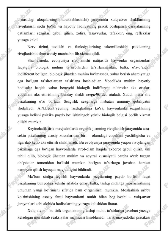 bu ko‘rinishining asosiy farqi hayvonlarni muhit bilan bog‘lovchi – xulq-atvor jarayonlari kabi alohida hodisalarning yuzaga kelishidan iborat. xulq-atvor – bu tirik organizmning tashqi muhit ta’sirlariga javoban yuzaga keladigan murakkab reaksiyalar majmuasi hisoblanadi. tirik mavjudotlar psixikasi rivojlanganligining darajasiga ko‘ra, murakkabligi turlicha bo‘lgan xulq-atvorga ega ekanliklarini alohida ta’kidlab o‘tish zarur. xulq-atvorning sodda reksiyalarini, masalan, chuvalchangning to‘siqqa duch kelganida, o‘z harakat yo‘nalishini o‘zgartirishini kuzatganimizda ko‘rishimiz mumkin. bunda tirik mavjudotning rivojlanish darajasi qanchalik yuqori darajada bo‘lsa, xulq-atvori ham shunchalik murakkablashadi. xuddi shunday holatni itlarda ilgarilangan aks ettirishning namoyon bo‘lishini kuzatamiz. masalan, it ma’lum tahdidga ega bo‘lgan ob’yekt bilan to‘qnashishdan o‘zini olib qochadi. lekin odamda tashqi muhit sharoitlarining to‘satdan o‘zgarib qolishiga javoban ta’sirlanish bilan birga, hayvonlardan farqli o‘laroq, motivatsiyalangan (anglangan) va maqsadli xulq-atvorni shakllantirish qobiliyatiga ega bo‘lgan eng murakkab xulq-atvor kuzatiladi. bunday murakkab xulq-atvorning amalga oshirilish imkoniyati odamda ongning mavjudligi bilan belgilanadi. shunday qilib, yuqoridagi fikrlar asosida, tirik organizmlar psixikasi rivojlanganligining to‘rt asosiy darajasini ajratish …