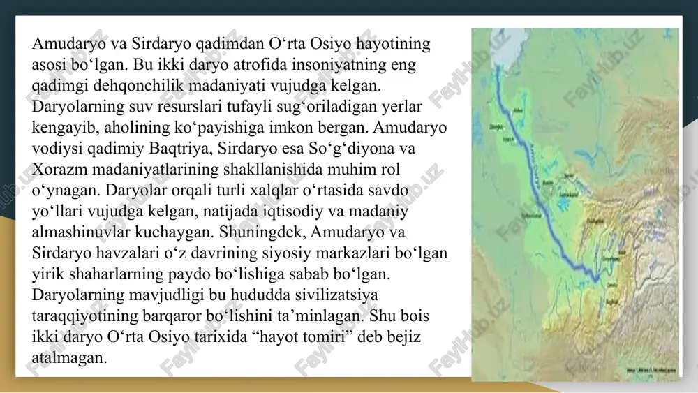 qilib, tarixiy-madaniy meros va antropologik xususiyatlar xalq shakllanishida hal qiluvchi ahamiyatga ega bo‘lgan. o‘rta osiyo ikki daryo oralig‘i tipining arxeologik va antropologik tadqiqotlari hududning qadimiy sivilizatsiya markazi ekanligini tasdiqlaydi. arxeologik yodgorliklar — sopollitepa, jarqo‘ton, afrosiyob va boshqa manzilgohlar qadimgi aholi turmushi, iqtisodiy hayoti va madaniy rivojlanishini yaqqol namoyon qiladi. moddiy madaniyat unsurlari, xususan me’morchilik, sopol buyumlar va hunarmandchilik mahsulotlari hududda yuqori madaniy darajaning mavjudligini ko‘rsatadi. antropologik tadqiqotlar esa qadimgi aholi tipini, morfologik xususiyatlarini va turli davrlarda irqiy aralashish jarayonlarini ochib beradi. shu asosda ikki daryo oralig‘i aholisi zamonaviy o‘zbek xalqining shakllanishida muhim rol o‘ynagan. umuman olganda, arxeologik va antropologik ma’lumotlar o‘rta osiyo tarixini, qadimiy sivilizatsiya rivojini va milliy o‘zlikning ildizlarini chuqur anglash imkonini beradi. etiboringiz uchun rahmat image1.png image2.png image3.png image4.png image5.png image6.png image7.png image8.png