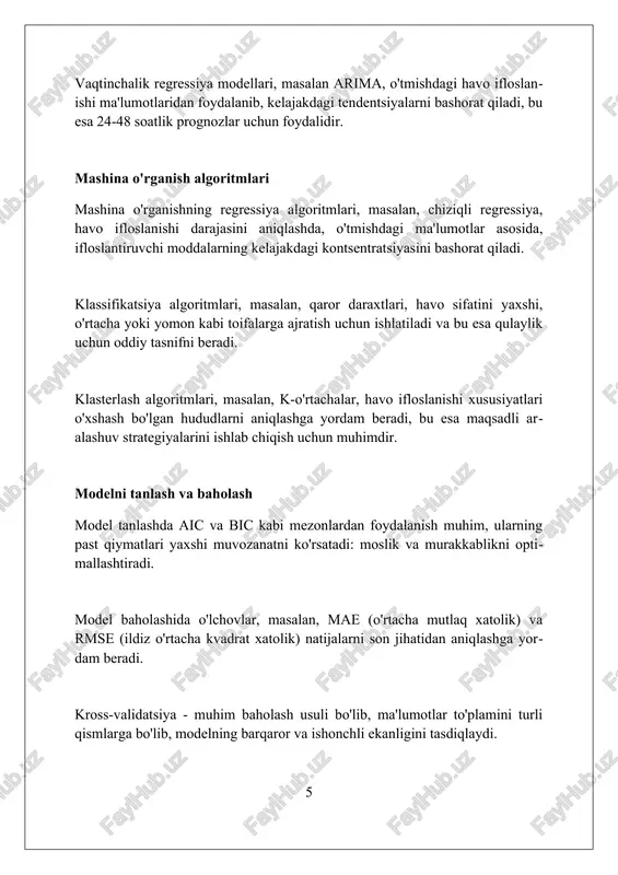 zlar sanoat korxonalariga ishlab chiqarishni rejalashtirishda va emissiya hajmini moslashtirishda, misol uchun 25% gacha emissiya kamaytirishda yordam beradi. xulosa va istiqbollar matematik prognozlar shahar havosining ifloslanishini kamaytirish uchun 15% samaraliroq strategiyalarni ishlab chiqish imkonini beradi, chunki aniq o'lchovlar mavjud. kelajakda mashinani o'rganish usullari 25% gacha aniqroq bo'lgan bashoratlarni ta'minlaydi, bu esa ifloslanish epizodlarini samaraliroq boshqarishga imkon beradi. uzoq muddatli istiqbolda real vaqtda monitoring tizimlari va sun'iy yo'ldosh ma'lumotlari 30% aniqlikdagi milliy ifloslanish xaritalarini yaratishga imkon beradi. xulosa havo ifloslanishini matematik prognoz qilish atrof-muhitni muhofaza qilish va jamoat salomatligini yaxshilash uchun samarali vositadir, kelajakdagi ifloslanish darajasini aniqlashga yordam beradi. foydalanilgan adabiyotlar 1. bakelan, a.g., shlee, b., kristensen, m.l., yensen, s.s., sorensen, m., brandt, j., va geertsen, k. (2008). atmosfera ifloslanishini baholash uchun matematik modellarni ishlab chiqish. atmosfera muhiti, 42(24), 5711-5727. 2. garsiya, d.i., mayoral, a.m., rodriges, m.a., va salvador, r. (2010) ( 0 0 0 ) ( 7 )