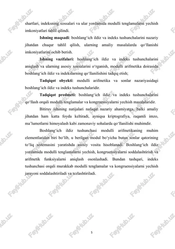 k, 2 soni 7 modul bo’yicha 3 ko’rsatkichga tegishli ekan. b) a=3 , , , 3 soni 7 modul bo’yicha tegishli ko’rsatkich 6 ga teng ekan, c) a=5; 5 sonining 7 modul bo’yicha ko’rsatkichi ham 6 ga teng ekan.(b) va (v) da δ=φ(7)=6 quote bo’lgani uchun 3 va 5 sonlari 7 modul bo’yich a boshlang’ich ildizni tashkil etadi. demak,bitta modul bo’yicha har xil boshlang’ich ildizlar mavjud ekan. 1-teorema. biror m modul bo’yicha tuzilgan bitta sinfning barcha chegirmalari shu modul bo’yicha bir xil ko’rsatkichga tegishli bo’ladi. isboti. teskarisini faraz qilaylik,ya`ni bo’lib, va bo’lsin. aniqlik uchun hamda yoki quote deb olamiz. bo’lishi mumkin emas, chunki va ligidan oxirgi taqqoslamani darajaga ko’tarib, ga ega bo’lamiz.bundan ekanligidan bo’ladi. agar son ko’rsatkichga tegishli bo’lsa,ko’rsatkichning ta`rifiga asosan ga ega bo’lamiz. bu esa shartga zid.endi deb faraz qilamiz va ning ikkala tomonini darajaga ko’taramiz: a son m modul bo’yicha ko’rsatkichga tegishli bo’lgani sababli teorema isbot qilindi. demak …