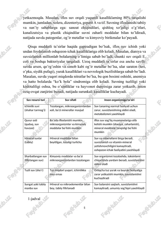 trlanadi suv balansini saqlash, suvsizlanishni kamaytiradi, umumiy sog‘liqni yaxshilaydi 1-jadval bolalar va homilador ayollar guruhida ta’sir yanada kuchli: iflos suv bolalarning jismoniy va aqliy rivojlanishini sekinlashtiradi, chunki suv organizmning 70% ini tashkil etadi va hujayra darajasida zarar yetkazadi. masalan, suvda qo’rg’oshin bo’lsa, bu bolalarda iq pasayishi va asab tizimi muammolariga olib keladi. rivojlanayotgan mamlakatlarda suv tanqisligi 2025 yilga kelib 5,5 milliard odamni ta’sir qilishi mumkin, bu esa kasalliklar va iqtisodiy zararlarning oshishiga olib keladi. global statistika bo’yicha, jahon sog’liqni saqlash tashkiloti (who) ma’lumotlariga ko’ra, har yili iflos suv tufayli 1,8 million odam o’ladi, asosan bolalar. suv resurslarining pasayishi iqlim o’zgarishi va aholining o’sishi bilan bog’liq, bu esa suvni qayta ishlatish va tozalashni talab qiladi. o’zbekistonda va markaziy osiyoda suv ifloslanishi sanoat va qishloq xo’jaligi tufayli kuchli, bu esa suv sifatini nazorat qilishni zarur qiladi. oldini olish choralariga kelsak, suvni monitoring qilish, tozalash tizimlarini yaxshilash va qonuniy choralar ko’rish muhim. masalan, …