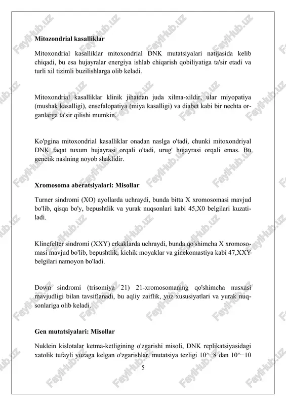 zolarini tekshirish nasliy kasalliklarni erta aniqlash va oldini olishda muhim rol o'ynaydi. genetik skrining orqali xavf guruhlari aniqlanadi va profilaktik choralar ko'riladi. xulosa irsiy kasalliklar diagnostikasi, davolash va profilaktikasi tibbiy-genetik maslahat orqali oilalarga yordam beradi va kelajak avlod salomatligini ta'minlaydi. foydalanilgan adabiyotlar 1. xalqaro genetika tibbiyot kollaj (the american college of medical genetics and genomics). "irsiy kasalliklar haqida ma'lumot." www.acmg.net. 2. rimoin, d.l., connor, j.m., pyeritz, r.e. (2007). "emery and rimoin's principles and practice of medical genetics". (5-nashr). churchill livingstone. 3 ( 0 0 0 ) ( 7 )