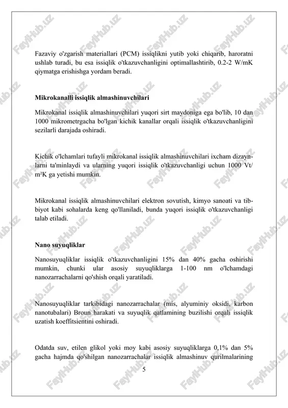 atiladi, bu esa 8-12% energiya tejash imkoniyatini yaratadi. xulosa va kelajak yo'nalishlari kelajakda nano-suyuqliklar va mikrokanal issiqlik almashinuvchilari integratsiyasi issiqlik uzatish koeffitsientini 20-30% ga oshirishga yordam beradi. sun'iy intellekt va mashinani o'rganish algoritmlari issiqlik uzatish jarayonlarini optimallashtirish uchun 15-25% energiya sarfini kamaytiradi. materialshunoslikdagi yangi yondashuvlar issiqlik o'tkazuvchanligi yuqori bo'lgan kompozit materiallarni yaratishga imkon beradi, 10-18% samaradorlikni oshiradi. xulosa issiqlik uzatish jarayonlarini tezlashtirish usullari energiya samaradorligini oshirish va turli xil sohalarda mahsuldorlikni yaxshilash uchun muhim ahamiyatga ega. foydalanilgan adabiyotlar 1. isachenko, v.p., osipova, v.a., va sukomel, a.s. issiqlik uzatish. energoatomizdat, 1981. 2. bergman, t.l., lavine, a.s., incropera, f.p., va dewitt, d.p. issiqlik va massa uzatish asoslari. wiley, 2011. 3. kakac, s., shah, r.k., va aung, w ( 0 0 0 ) ( 7 )