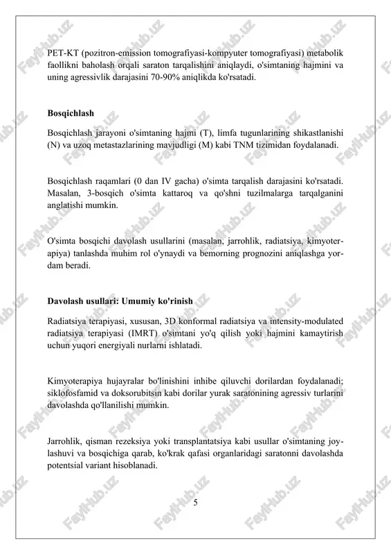 tadqiqotlar va yangi istiqbollar klinik tadqiqotlar 2024-yilda immunoterapiyaning yangi kombinatsiyalarini o'rganib, o'pka saratonida sezilarli yaxshilanishlarni ko'rsatdi, remissiya darajasi 30% ga oshdi. yangi istiqbollar gen terapiyasi sohasida yotadi, bunda crispr texnologiyasi orqali saraton hujayralari dnksini aniq tahrirlash imkoniyati mavjud, bu esa 15% muvaffaqiyatga erishdi. klinik tadqiqotlarda suyuq biopsiya usullari tobora ko'proq qo'llanilmoqda, bu esa kasallikni erta aniqlash va davolash samaradorligini baholashda 25% ga aniqlikni oshiradi. xulosa ko'krak qafasi organlari o'smalari va yurak saratoni tashxisi murakkab bo'lib, erta aniqlash va multidisipliner davolash bemorlar uchun muhim ahamiyatga ega. foydalanilgan adabiyotlar 1. o'pka o'smalari. jahon sog'liqni saqlash tashkiloti. 2. yurak saratoni: sabablari, belgilari va davolash. mayo klinikasi. 3. ko'ks oralig'i o'smalari. amerika saraton jamiyati. 4. yurak o'smalari. stenford tibbiyot markazi. 5. o'pka saratoni haqida tushuncha. milliy saraton instituti. 6 ( 0 0 0 ) ( 7 )