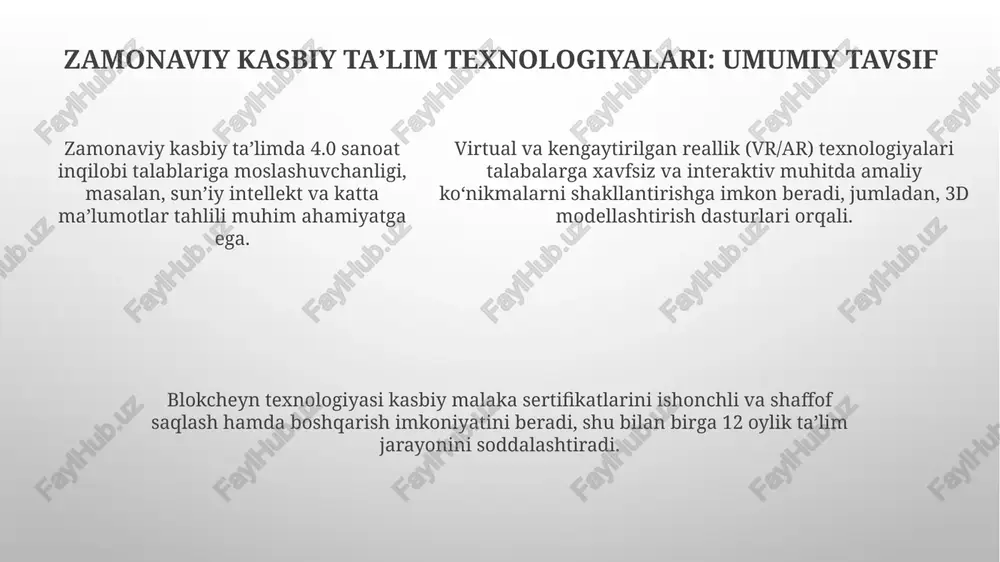 boʻlishi, talabalarni tanqidiy fikrlashga yoʻnaltiruvchi 21-asr koʻnikmalarini rivojlantirishi muhim. kasbiy taʼlimning istiqbollari va rivojlanish tendensiyalari raqamlashtirish tendensiyalari natijasida, vr/ar texnologiyalari 2027 yilga kelib kasbiy ta’limda 45% gacha qo'llanilishi, amaliy mashg'ulotlar sifatini oshirishi kutilmoqda. kutishicha, 2030 yilgacha inklyuziv ta’lim tamoyillari rivojlanib, nogironligi bor shaxslar uchun kasbiy ta’lim dasturlari 30% ga oshadi va ularning ish bilan ta’minlanish darajasi ko’tariladi. yashil iqtisodiyot talablari bilan bog'liq yangi kasblar uchun 2025-2035 yillarda qayta tiklanadigan energiya va ekologik toza texnologiyalar sohalarida malakali kadrlar tayyorlashga e'tibor kuchaytiriladi. chet el tajribasi: kasbiy taʼlimning ilgʻor modellari singapur kasbiy taʼlimi texnologiyalarga asoslangan bo‘lib, stem fanlariga (fan, texnologiya, muhandislik, matematika) urg‘u beradi hamda 95% ishga joylashish ko‘rsatkichini taʼminlaydi. germaniyaning dual tizimi nazariyani (30%) amaliyot bilan (70%) uyg‘unlashtirib, kasbiy tayyorgarlikda ish beruvchilarning faol ishtirokini taʼminlaydi. shveytsariya kasbiy taʼlim modeli uzluksiz malaka oshirishga yo‘naltirilgan bo‘lib, ta’lim sifatini kafolatlash uchun 200 dan ortiq kasbiy sertifikatlarni qo‘llaydi. xulosa va tavsiyalar kasbiy ta'lim mazmuni va texnologiyalarini …