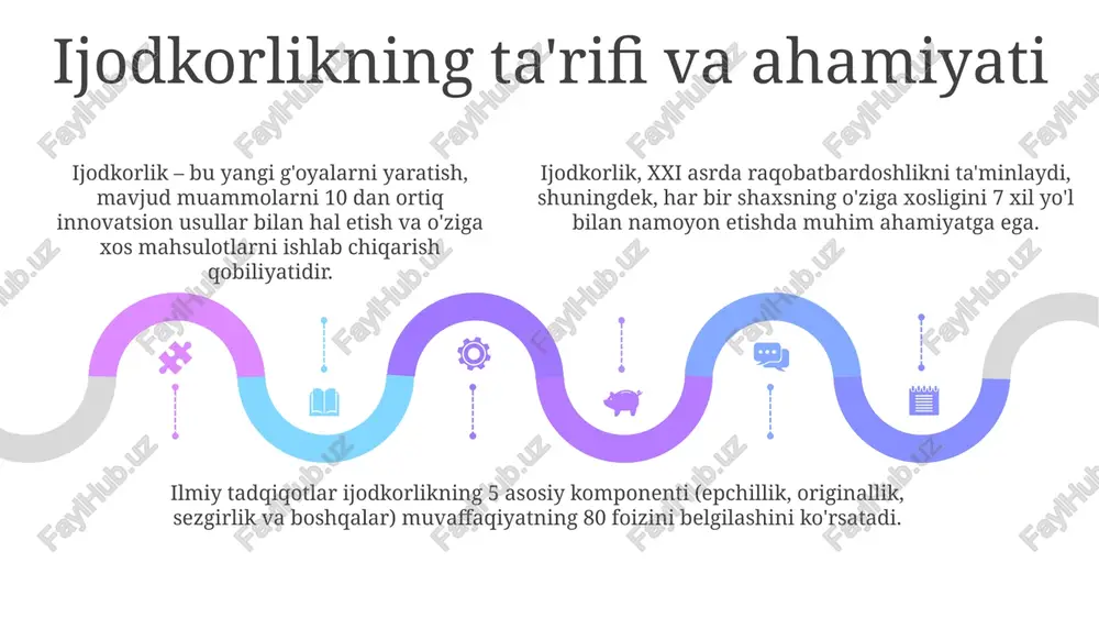 ini rivojlantirish uchun interaktiv o'qitish usullarini, masalan, loyihaga asoslangan ta'limni (project based learning) qamrab oladi. raqamli texnologiyalarni ta'limga integratsiya qilish, masalan, virtual reallik (vr) va sun'iy intellekt (ai) yordamida o'quv materiallarini boyitish innovatsion yondashuvdir. raqamli texnologiyalarni ta'limga integratsiya qilish, masalan, virtual reallik (vr) va sun'iy intellekt (ai) yordamida o'quv materiallarini boyitish innovatsion yondashuvdir. mustaqil ishni tashkil etishning pedagogik shart-sharoitlari o'quvchilarga individual yondashuvni ta'minlash uchun 3-5 xil darajadagi qiyinchilikdagi vazifalar (masalan, i, ii, iii darajalar) taqdim etilishi muhim. o'quv jarayonida mustaqil ishlarni tashkil etishda o'quv materiallarining 70% dan kam bo'lmagan qismi ijodiy vazifalardan iborat bo'lishi kerak. mustaqil ishlarni baholash mezonlari aniq belgilanishi lozim, 20 ballik tizim asosida, shuningdek, ijodiy yondashuv (10 ballgacha) alohida baholanishi zarur. xulosa tadqiqotlar shuni tasdiqlaydiki, 10 dan 12 gacha bo'lgan ijodiy vazifalar talabalarning muammolarni yechish qobiliyatini 40% ga oshiradi, bu mustaqil ishlashning muhimligini ko'rsatadi. xulosa shuni ko'rsatadiki, mustaqil ish ijodkorlikni rivojlantirishda 80% gacha ijobiy ta'sir ko'rsatadi, talabalarda …