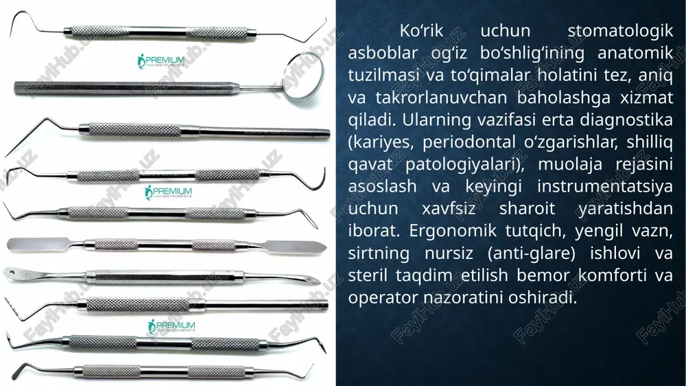 ing takrorlanuvchanligini ta’minlaydi. oyna, zond, pinset va periodontal prob kabi bazaviy instrumentlarning ergonomik tuzilishi operator nazoratini kuchaytiradi, travmani kamaytiradi va ko‘rish maydonini barqaror qiladi. aseptik zanjir — oldindan tozalash, yuvish–dezinfeksiya, paketlash, avtoklavda sterilizatsiya va nazorat indikatorlari bilan verifikatsiya — kross-kontaminatsiya xavfini minimal darajaga tushiradi; steril saqlash logistikasi esa paket yaxlitligini va funksional tayyorgarlikni kafolatlaydi. natijada, to‘plamning standartlashtirilgan tarkibi va intizomli infeksion nazorat protokollari klinik samaradorlikni oshiradi, bemor tajribasini yaxshilaydi va xizmat sifatining barqarorligini ta’minlaydi. foydalanilgan adabiyotlar: komilov h.p. stomatologik asbob va ashyolar. – toshkent, 2005. – 160 b. e-library sammu irsaliyev x.i. ortopedik stomatologiya propedevtikasi. – toshkent: lesson press, 2022. – 254 b. e-library sammu bahodirova r.n. va boshq. terapevtik stomatologiya. – toshkent, b/y. – (darslik). bsmi book bekjanova o.e., yusupalixodjayeva s.x., shukurova u.a., alimova d.m. klinik restavratsion stomatologiya. – toshkent, 2019. – (darslik). e-library sammu preklinik restavratsion stomatologiya. – andijon: andijon davlat tibbiyot instituti (adti), 2024. – (o‘quv-uslubiy qo‘llanma). …