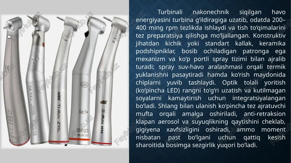 rda 134 °c atrofida ekspozitsiya va to‘liq quritish bosqichlari bilan amalga oshiriladi; bu podshipniklar va ichki kanal yaxlitligini saqlagan holda mikroblarni ishonchli inaktivatsiyalaydi. sikl sifati kimyoviy va biologik indikatorlar orqali muntazam verifikatsiya qilinadi, qurilma resursi jurnali esa podshipnik shovqini, vibratsiya va patron ushlash kuchi kabi belgilarga qarab servis oralig‘ini rejalashtirishga xizmat qiladi. sterilizatsiyadan keyin sovib bo‘lgach funksional tekshiruv, optika tozaligi va spray oqimining uzluksizligi baholanadi; bu klinik ishonchlilikni va xizmat muddatini uzaytiradi. xulosa stomatologik dastaklarni to‘g‘ri tasniflash va texnik ko‘rsatkichlari bo‘yicha farqlash klinik natijaning barqarorligi, bemor xavfsizligi va operator ergonomikasini ta’minlaydi. yuqori tezlikli turbinalar tez preparatsiya uchun samarali bo‘lsa, elektr mikromotorli tizimlar barqaror moment, aniq tezlik nazorati va keng qo‘llanish diapazonini beradi; 1:5, 1:1 va 10:1/16:1 nisbatli kallaklar klinik vazifaga moslashtirilgan rejimlarni yaratadi. konstruktiv modullar — patrondagi mahkamlash mexanizmi, keramika podshipniklar, ko‘p kanalli ichki spray va integratsiyalashgan led optika — kesish sifati, shovqin-vibratsiya va issiqlik yuklanishini belgilovchi asosiy omillardir. infeksion …