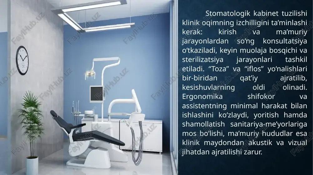 siya, pnevmo-vakuum, sterilizatsiya) texnik ko‘rsatkichlari me’yorlarga mos bo‘lganda diagnostika aniqligi va muolaja sifati barqaror bo‘ladi. raqamli diagnostika, cad/cam va lazer texnologiyalarini integratsiya qilish klinik qarorlarni tezlashtiradi, qayta chaqiruvlar sonini kamaytiradi va individual rejalashtirishni qo‘llab-quvvatlaydi. it-infratuzilma, ma’lumotlar xavfsizligi va sifat nazorati protokollarining izchil yuritilishi xizmatning barqarorligini ta’minlaydi. natijada, to‘g‘ri tanlangan jihozlar majmuasi va zamonaviy texnologiyalar bilan uyg‘unlashtirilgan ish oqimi stomatologik amaliyotning klinik natijalarini yaxshilaydi, bemor tajribasini ko‘taradi va iqtisodiy samaradorlikni oshiradi. foydalanilgan adabiyotlar: komilov h.p. stomatologik asbob va ashyolar. – toshkent, 2005. – 160 b. e-library sammu irsaliyev x.i. ortopedik stomatologiya propedevtikasi. – toshkent: lesson press, 2022. – 254 b. e-library sammu bahodirova r.n. va boshq. terapevtik stomatologiya. – toshkent, b/y. – (darslik). bsmi book bekjanova o.e., yusupalixodjayeva s.x., shukurova u.a., alimova d.m. klinik restavratsion stomatologiya. – toshkent, 2019. – (darslik). e-library sammu preklinik restavratsion stomatologiya. – andijon: andijon davlat tibbiyot instituti (adti), 2024. – (o‘quv-uslubiy qo‘llanma). adti image2.jpeg image3.jpeg image4.png …