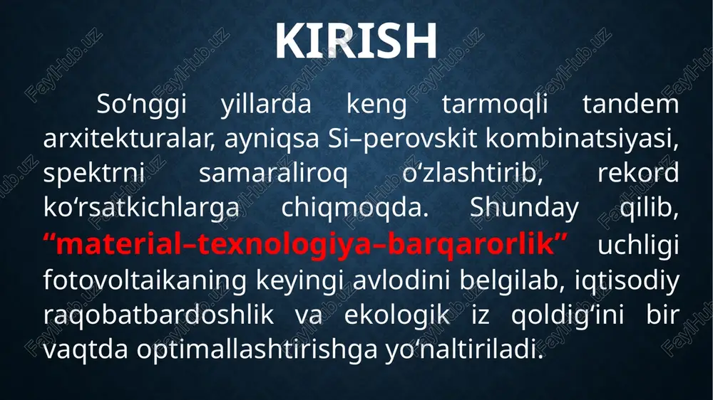 potentsialga bog‘liq degradatsiyalar passivatsiya, metallizatsiya optimallashtirish va eva o‘rniga past sar bog‘lovchilar bilan cheklanadi. cdte va cigs tizimlarida don-chegara kimyosi va shaffof o‘tkazuvchi oksid interfeyslari stabillikni belgilab, xlor bilan ishlov, bufer qatlam modifikatsiyasi va barer kapsulyatsiya bilan mustahkamlanadi. galoid perovskitlarda ion migratsiyasi, namlik va uv sezgirlik don-chegaralarni passivatsiyalovchi qo‘shimchalar, aralash katyon–anion kompozitsiyalari va yuqori to‘siqli kapsulyatsiya bilan kamaytiriladi; qo‘rg‘oshin tarkibi bo‘yicha chiqindi va qayta ishlash protokollari ekologik xavfsizlikni ta’minlaydi. modullar darajasida pid/lid nazorati, laminatsiya sifati, qoplama qatlamlarining suv-bug‘ diffuziya koeffitsienti va termomekanik moslik xizmat muddatini belgilaydi; barqarorlik ko‘rsatkichlari pasayishi yakuniy lcoe ga bevosita ta’sir qiladi, shuning uchun material tanlovi har doim samaradorlik va chidamlilik o‘rtasidagi optimal muvozanatga tayangan bo‘lishi zarur. asosiy qism: 3. ekologik, iqtisodiy va sanoat texnologik jihatdan qo‘llash imkoniyatlari material tanlovi uglerod izini, energiya qaytarish vaqtini va hayotiy sikl emissiyalarini belgilaydi: kremniy modullarda energiya qaytarish odatda qisqa va qayta ishlash infratuzilmasi shakllangan; cdte va cigs yuqori yutilishi tufayli …