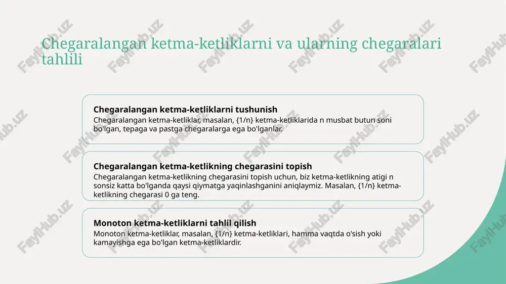 /n) ketma-ketlikdir, bu n sonsizga yaqinlashganda 0 ga yaqinlashadi, ayrimlarning chegarasiga yaqinlashishning konseptini ko'rsatadi. chegaralangan ketma-ketliklar uchun chegaralangan teoremalari qo'llanilishi chegaralangan ketma-ketliklar uchun chegaralangan teoremalari, matematikaviy va ilmiy sohalar bo'yicha foydali bo'ladi, masalan, kesmalar va ularning chegaralarining xulqini tushunish uchun matematikada va kalkulustagi qo'llaniladi. chegaralangan va monoton ketma-ketliklar real hayotda 1 2 3 chegaralangan ketma-ketliklar real hayotda monoton ketma-ketliklar real hayotda chegaralangan va monoton ketma-ketliklarning chegaralari va foydalanishlari chegaralangan ketma-ketliklar moliyaviy bozorda topilishi mumkin, aktsiyalar narxi maksimal va minimal qiymatlar orasida chegaralangan bo'ladi. monoton ketma-ketliklar fuqarolik kuchi bo'yi bilan bog'liq, odamlar soni doimiy o'sib yoki kamayib borishi ko'rinadi. chegaralangan va monoton ketma-ketliklarning chegaralari va foydalanishlari moliyaviy, biologiya va muhandislik sohalar uchun muhimdir. praktik misollar ketma-ketlik limitlari oddiy arifmetik ketma-ketlik limitini topish geometrik ketma-ketlik limitini o'rganish masalan, n sonsizga yaqinlashganda, 1/n ketma-ketlik limiti 0 ga teng. masalan, n sonsizga yaqinlashganda, (1/2)^n ketma-ketlik limiti 0 ga teng. e'tiboringiz uchun rahmat! /docprops/thumbnail.jpeg