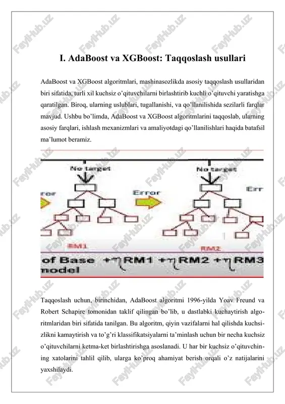 ost ning o‘ziga xos xususiyatlari, masalan, o‘rganish tezligini oshirish, xotira samaradorligi va parralel hisoblash imkoniyatlari, uni katta hajmdagi ma’lumotlar bilan ishlashda afzal qiladi. xgboost, shuningdek, o‘zgaruvchilarni avtomatik tanlash imkoniyatiga ega, bu esa uning amaliyotda qo‘llanilishini yanada qulaylashtiradi. adaboost, ya’ni adaptive boosting, o‘zining oddiyligi bilan ajralib turadi. bu algoritm, ko‘proq oddiy ma’lumotlar to‘plamlari bilan ishlashda yaxshi natijalar ko‘rsatadi. adaboost, asosan, qaror daraxtlari kabi oddiy modelni o‘rganishga tayyorlaydi va ularni qiyin vaziyatlarda kuchli o‘rganuvchiga aylantirish uchun birlashtiradi. u, shuningdek, kiritilgan xatolarni, ya’ni avvalgi modelning xatolarini tuzatish uchun yangi o‘rganuvchilarni qo‘shadi. bu xususiyat, uni binar tasniflash masalalari uchun juda mos qiladi. xgboost va adaboost algoritmlarini amaliyotda qo‘llashda, bir qator afzalliklar mavjud. xgboost katta ma’lumotlar, murakkab model va tezkor javoblar talab qilinadigan holatlarda juda samarali. misol uchun, moliya sohasida kreditni qaytarish imkoniyatini prognoz qilishda, xgboost ko‘pincha an’anaviy usullardan ustun keladi, chunki u katta ma’lumotlar to‘plamlarini tezda tahlil qila oladi va yuqori aniqlik darajasini ta’minlaydi. …