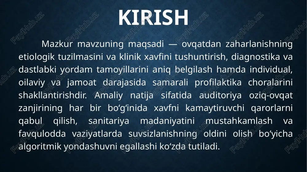 ik nazorat nuqtalarini boshqarish tizimidir; bu yondashuvda xom-ashyo qabulidan tortib taqdimotgacha bo‘lgan bosqichlarda xavf identifikatsiyasi, kritik limitlar, monitoring, tuzatish chorasi va verifikatsiya izchil yuritiladi. amaliy darajada “tozalik, ajratish, pishirish, sovutish” tamoyillari qo‘llanadi: ish yuzalari va qo‘llarni muntazam tozalash, xom va tayyor mahsulotlarni fizik ajratish, ichki haroratni yetarli darajada pishirish orqali ta’minlash va tezkor sovutish orqali mikroblar ko‘payishini cheklash. mikroblar ko‘payishi 5–60 °c oralig‘ida jadallashadi; shuning uchun issiq taomlar 60 °c dan yuqorida, sovuq taomlar 5 °c dan pastda saqlanishi kerak. parrandada 74 °c, silliq go‘shtda kamida 70 °c ichki haroratga erishish, qayta isitishda 74 °c ga yetkazish xavfsizlikni ta’minlaydi. tayyor taom xona haroratida 2 soatdan ortiq turmasligi, katta hajmlar sayoz idishlarda tez sovutilishi, muzlatilgan mahsulotlar esa muzlatkichda yoki nazoratli muhitda eritilishi lozim. ish boshlashdan oldin va har kesishdan keyin qo‘llarni yuvish, bir martalik qo‘lqoplarni to‘g‘ri almashtirish va respirator kasallikda ovqat bilan ishlamaslik zarur. xom go‘sht, baliq, sabzavotlar va tayyor taomlar …