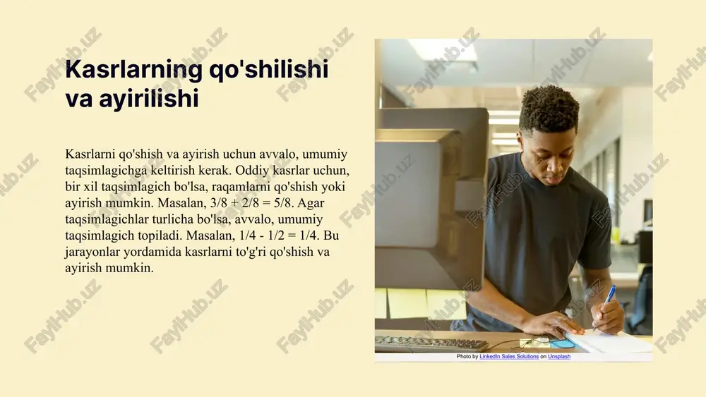 ar konseptini tushunish uchun qiziqarli va interaktiv o’yinlar bilan tanishtiriladi. bu bosqichda, ularning motivatsiyasi va qiziqishi ortadi. o’quvchilarning faoliyati o’yinlar davomida o’quvchilar faol ishtirok etadilar. ular kasrlarni aniqlash, taqqoslash va hisoblash bo’yicha topshiriqlarni bajaradilar. guruhlarda ishlash va muammolarni hal qilish orqali, ularning fikrlash va muloqot qilish ko’nikmalari rivojlanadi. samaradorligi o’yinlar orqali kasrlarni o’rganish samarali bo’lib, o’quvchilarning mavzuga bo’lgan qiziqishi va tushunishi yaxshilanadi. bu usul motivatsiyani oshiradi va murakkab konseptlarni oddiy va qiziqarli shaklda o’rgatishga imkon beradi. o’yinlar va amaliyot o’yinlar yordamida kasrlarni amaliyotda qo’llash muhim. bu usul orqali o’rgangan bilimlarni hayotda qo’llash imkoniyati oshadi. masalan, savdo, pishirish va qurilish loyihalarida kasrlarni qo’llash ko’nikmalarini rivojlantirish mumkin. o’yinlar va amaliy ishlar bilan bog’liq bo’lib, ular o’quvchilarning kasrlar bilan ishlashda aniqlik va mohiyatni tushunishiga yordam beradi. bu jarayon, matematik ko’nikmalarni kuchaytiradi va kundalik hayotdagi muammolarni hal qilishda qo’l keladi. o’yinlar orqali baholash o’yinlar yordamida baholash metodlari o’quvchilarning bilim va qobiliyatlarini aniq va samarali …