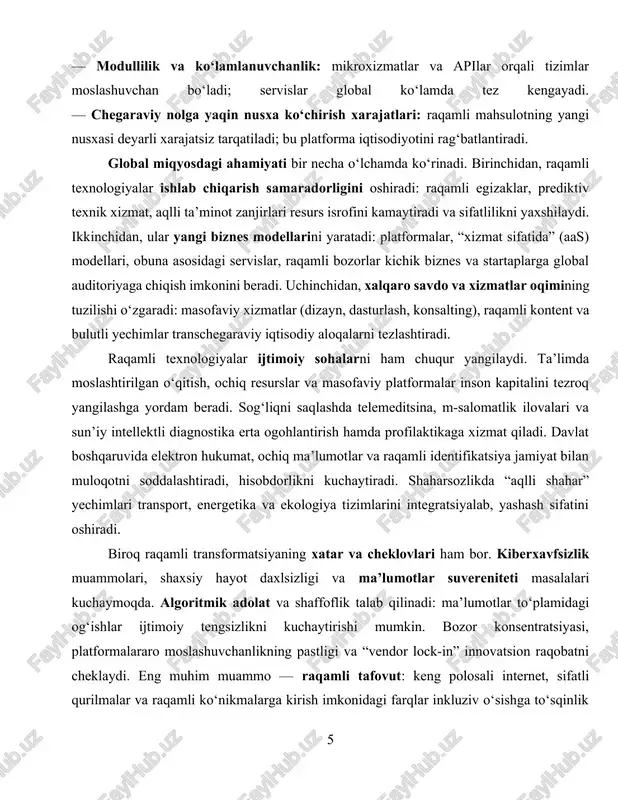 mik adolat va shaffoflik talab qilinadi: ma’lumotlar to‘plamidagi og‘ishlar ijtimoiy tengsizlikni kuchaytirishi mumkin. bozor konsentratsiyasi, platformalararo moslashuvchanlikning pastligi va “vendor lock-in” innovatsion raqobatni cheklaydi. eng muhim muammo — raqamli tafovut: keng polosali internet, sifatli qurilmalar va raqamli ko‘nikmalarga kirish imkonidagi farqlar inkluziv o‘sishga to‘sqinlik qiladi. bundan tashqari, ma’lumot markazlari va tarmoqlar energiya iste’moli bilan bog‘liq bo‘lib, “yashil it” tamoyillariga o‘tishni, samarali sovitish, qayta tiklanuvchi energiya va kod/infratuzilma optimallashtirishni talab etadi. shu bois, ko‘plab mamlakatlar raqamli siyosatni uch yo‘nalishda uyg‘unlashtirmoqda: (1) infratuzilma: keng polosali qamrov, 5g/6g, data-markazlar, bulutli xizmatlar va kiberxavfsizlikning bazaviy qatlamini rivojlantirish; (2) raqamli ko‘nikmalar va inson kapitali: steam ta’limi, hayot davomida o‘qish, data-savodxonlik va tadbirkorlik kompetensiyalari; (3) boshqaruv va me’yorlar: ma’lumotlarni himoya qilish, ochiq standartlar, transchegaraviy ma’lumot oqimlari, raqamli raqobat siyosati, etik prinsiplarga mos ai. xulosa qilib aytganda, raqamli texnologiyalar iqtisodiy o‘sish, ijtimoiy farovonlik va boshqaruv samaradorligining muhim drayveri sifatida global kun tartibini belgilamoqda. ularning ta’siri faqat texnik …