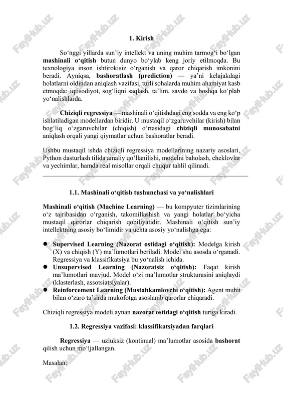 y β₀ va β₁ ni tanlaydiki, natijadagi xatoliklar kvadratlari minimal bo‘ladi. 3.2. matematik formulalar oddiy chiziqli regressiyada quyidagi formulalar orqali koeffitsiyentlar aniqlanadi: β1=∑(xi−xˉ)(yi−yˉ)∑(xi−xˉ)2\beta_1 = \frac{\sum (x_i - \bar{x})(y_i - \bar{y})}{\sum (x_i - \bar{x})^2}β1​=∑(xi​−xˉ)2∑(xi​−xˉ)(yi​−yˉ​)​ β0=yˉ−β1xˉ\beta_0 = \bar{y} - \beta_1 \bar{x}β0​=yˉ​−β1​xˉ agar model ko‘p o‘lchovli bo‘lsa, ya’ni bir nechta x mavjud bo‘lsa, quyidagi matritsali yechim ishlatiladi: β=(xtx)−1xty\beta = (x^t x)^{-1} x^t yβ=(xtx)−1xty bu formulalar modelni optimal parametrlar bilan ta’minlaydi. 3.3. gradient descent bilan solishtirish ols — analitik (matematik) yechim beradi. ammo juda katta o‘lchamli ma’lumotlar bazasida bu hisoblash qimmatga tushadi. shunda gradient descent kabi algoritmlar qo‘llaniladi. gradient descent — bu xatolik funksiyasining gradientini hisoblab, parametrlarni asta-sekin yangilashga asoslangan iterativ usuldir: θ:=θ−α⋅∇j(θ)\theta := \theta - \alpha \cdot \nabla j(\theta)θ:=θ−α⋅∇j(θ) bu yerda: · α\alphaα — o‘rganish tezligi · ∇j(θ)\nabla j(\theta)∇j(θ) — xatolik funksiyasining gradienti gradient descent yordamida regressiyani hatto real vaqtda o‘rgatish mumkin. 3.4. afzalliklar va cheklovlar afzalliklar: · oddiy va tushunarli · tez …