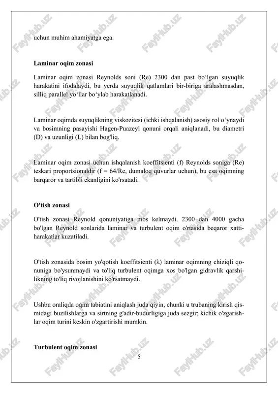g quvur diametriga nisbati (ϵ/d) orqali aniqlanadi, bu nisbat yuqori bo'lganda turbulentlik kuchayadi. nikuradze grafigi laminar, o'tish va turbulentlik zonalarini aniq ajratib ko'rsatadi; bu grafik reynold raqami va ishqalanish koeffitsienti o'rtasidagi bog'liqlikni aks ettiradi. savollar va javoblar 'savollar va javoblar' sessiyalari o'quvchilarning mavzuni 100 foiz tushunishini ta'minlashga yordam beradi, chunki ular qiziqtirgan har qanday savolni berishlari mumkin. 'savollar va javoblar' darsda ishtirok etish va o'quvchilarning diqqatini jalb qilishning ajoyib usuli bo'lib, ularning faollik darajasini 60 foizdan ko'proqqa oshiradi. 'savollar va javoblar' paytida berilgan 5-10 ta savol o'qituvchiga o'quvchilarning tushunish darajasi haqida tezkor fikr bildiradi, darsni moslashtirish imkonini beradi. xulosa nikuradzening tajribasi laminar va turbulent oqim zonalarini aniqlashda muhim rol o'ynadi va gidrodinamikaning rivojlanishiga katta hissa qo'shdi. foydalanilgan adabiyotlar 1. nikuradze, j. (1933). strömungsgesetze in rauhen rohren. vdi forschungsheft, 361. 2. schlichting, h. (1979). boundary-layer theory (7th ed.). mcgraw-hill. 3. white, f. m. (2011). fluid mechanics (7th ed.). mcgraw-hill. 4. kundu, …