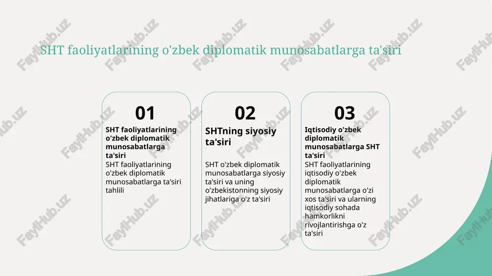 nishuvlar uning a'zolarining o'zaro munosabatlarini mustahkamlashadi va o'zgarmaslikni ta'minlaydi. 04 madaniy turizm ijtimoiy madaniyat almashishlarining bir qismi madaniy turizm bo'lib, turistlar uchun o'zbek va shtning madaniy zavqlarini taqdim etadi, hamkorlikni rivojlantiradi va o'zaro tanishishni oshiradi. xulosa asosiy munosabatlarning kuchli o'zgarishi o'zbekiston va sht o'rtasidagi diplomatik, iqtisodiy, va madaniy munosabatlar o'zaro kuchliroq bo'lishi, hamkorlikni rivojlantirishga yo'l ochadi. iqtisodiy hamkorlikning o'zaro foydali tomonlari o'zbekiston va sht o'rtasidagi iqtisodiy hamkorlik investitsiyalar, energiya sohasi, va savdo munosabatlari orqali o'sishni ta'minlaydi, istiqbollarni kuchaytiradi. madaniy diplomatiyaning o'ziga xos roli o'zbekiston va sht o'rtasidagi madaniy diplomatiya munosabatlari, san'at, tarix, va madaniyat almashishlari orqali dostlik va sog'liqni kuchaytiradi, o'zaro tushunchalarni o'stiradi. e'tiboringiz uchun rahmat! image1.jpg image2.jpg image3.jpg image4.jpg image5.jpg /docprops/thumbnail.jpeg