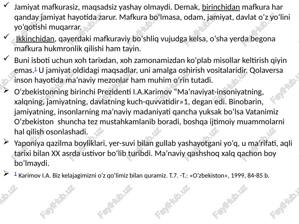 an biri bo‘lib, madaniyatning namoyon bo‘lish shaklidir. diniy qadriyatlar ko‘plab millatlar, elatlar,xalqlarga taalluqli bo‘lgan, ularni g‘oyaviy jihatdan birlashtirgan diniy talablar, g‘oyalar, rivoyatlar, amaliy marosimlar, bayramlar majmuasidan iboratdir. islom dini misolida kurib o‘tadigan bo‘lsak, yer yuzida 1 milliarddan ortiq kishining islom diniga e’tiqod qilishini, islom yer yuzidagi 120 davlatda tarqalganligini, 30 dan ortiq davlatda islom davlat dini deb e’lon qilinganligini va bu barcha kishilarning din asoslari (arkon iddin) deb hisoblangan imom, islom va ehson talablari asosidagi birligini kґrishimiz mumkin. imom talablari 7 ta aqidani, islom talablari 5 ta amaliy marosim talablarini, ehson-sidqidildan aqidalarga ishonish va marosimlarni ado etishni tashkil qiladi. 4. milliy qadriyatlar alohida olingan xalq, millat va elatlarning o‘z tarixiy taraqqiyoti davomida yaratadigan barcha moddiy va ma’naviy boyliklar, urf-odatlari, marosimlari, bayramlari va millatlarning o‘zligini belgilaydigan boshqa o‘ziga xos tomonlari yig‘indisidan iboratdir. bu o‘ziga xoslik moddiy, ma’naviy, ijtimoiy, oilaviy hayot, turmush tarzida namoyon bo‘ladi. bundan tashqari, xalq amaliy san’ati, xalq o‘yinlari, …