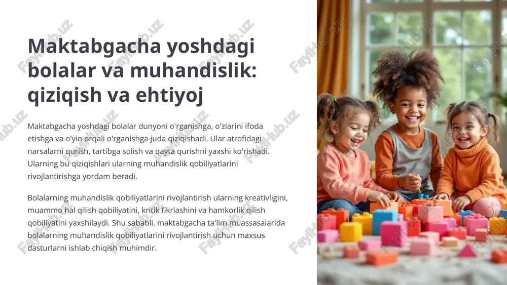 am muhandislik ko'nikmalarini rivojlantirish 1 1. o'yinlar va faoliyatlar bolalar bilan birgalikda steamga oid o'yinlar o'ynang. lego qurilish to'plamlari, oshxona kimyosi tajribalari yoki qog'oz samolyotlar yasash kabi faoliyatlar ularning qiziqishini oshiradi. 2 2. kuzatuv va savol berish bolalaringizni atrof-muhitni diqqat bilan kuzatishga undang. ularga nima uchun o'simliklar o'sadi, qushlar uchadi yoki mashinalar harakatlanadi degan savollarni bering. bu ularni muammo hal qilishga o'rgatadi. 3 3. qo'llab-quvvatlash va rag'batlantirish bolalaringizning steamga oid qiziqishlarini qo'llab-quvvatlang. ularning g'oyalarini tinglang, ularga qo'shimcha materiallar va resurslarni taqdim eting, muvaffaqiyatlarini maqtang. bu ularga o'z qobiliyatlariga ishonch hosil qilishga yordam beradi. 4 4. misol bo'lish bolalar sizning xatti-harakatlaringizni kuzatib, o'rganadilar. o'zingizning steam bilan bog'liq qiziqishlaringizni namoyish eting. uyda ta'mirlash ishlarini bajaring, yangi retseptlar yaratishga harakat qiling yoki texnologiyalardan foydalanishni o'rganing. 10 steam muhandislik ko'nikmalarini baholash va monitoring qilish steam muhandislik ko'nikmalarini baholash va monitoring qilish - bu bolalarning o'sishini kuzatish va ularning bilim va ko'nikmalarini yaxshilash uchun muhim …
