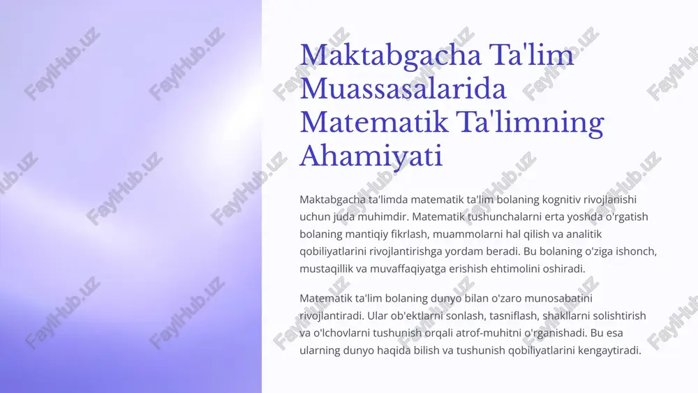 haqida ma'lumot berishi, ularga bolalarga qanday qilib matematik ko'nikmalarni o'rgatish mumkinligi haqida maslahatlar berishi mumkin. ota-onalar esa pedagoglarga bolalarning uyda qanday o'rganishini, qanday muammolarga duch kelishini aytib berishi mumkin. 4 4. o'zaro ishonch ota-onalar va pedagoglar o'rtasidagi ishonchli munosabatlar bolalarning matematik rivojlanishiga ijobiy ta'sir ko'rsatadi. bu munosabatlar bolalarni ta'lim jarayonida faol ishtirok etishga, o'zlarini erkin his qilishga yordam beradi. 10 maktabgacha yoshdagi bolalarni matematik qobiliyatlarini rivojlantirish uslublari o'yinli usullar maktabgacha yoshdagi bolalarning o'yin orqali o'rganishga bo'lgan qiziqishi juda yuqori. shuning uchun, matematik qobiliyatlarni rivojlantirish uchun o'yinlarni qo'llash juda muhim. o'yinlar bolalarni matematik tushunchalarni o'zlashtirishga rag'batlantiradi va ularni qiziqarli holga keltiradi. amaliy mashqlar amaliy mashqlar bolalarni matematik tushunchalarni amalda qo'llashga o'rgatadi. masalan, bolalar ob'ektlarni sanash, o'lchash, shakllarni ajratish va so'ngra ular bilan o'ynash orqali o'rganishlari mumkin. bu ularga matematik bilimlarni haqiqiy hayotda qo'llashni o'rgatishga yordam beradi. individual yondashuv har bir bola o'ziga xos xususiyatlarga ega. shuning uchun, bolalarni matematik qobiliyatlarini rivojlantirishda …