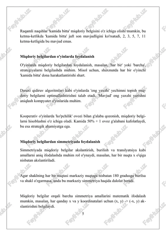 xususiyatlarini aniqlashning 3 usuli orqali. savollar va javoblar "savollar va javoblar" formati, mantiqiy xulosalar chiqarish uchun 2 ta qarama-qarshi fikrni taqdim etadi, bu esa murakkab masalalarni 3 qadamda hal etishga yordam beradi. bu usul 5 ta asosiy elementdan iborat: aniqlik, qisqalik, to'g'rilik, izchillik va to'liqlik, bularning hammasi matematik teoremalarni isbotlashda muhim rol o'ynaydi. o'yin orqali savol-javoblar, 7 dan 12 yoshgacha bo'lgan bolalarda matematik tushunchalarni mustahkamlash, ularga 4 ta arifmetik amalni o'rgatish uchun qulay muhit yaratadi. xulosa matematik tushunchalarni naqshlar, o'yinlar va simmetriya orqali miqdor belgilari yordamida ifodalash o'rganishni qiziqarli va tushunarli qiladi, mavhum g'oyalarni aniq misollar bilan bog'lashga yordam beradi. foydalanilgan adabiyotlar 1. matematik tushunchalarni kvantorlar yordamida naqshlar, o'yinlar va simmetriya orqali ifodalash. 2. naqshlar, o'yinlar va simmetriyada kvantorlarning matematikada qo'llanilishi. 3. kvantorlar yordamida matematik tushunchalarni o'qitish: naqshlar, o'yinlar va simmetriya. 4 ( 0 0 0 ) ( 7 )