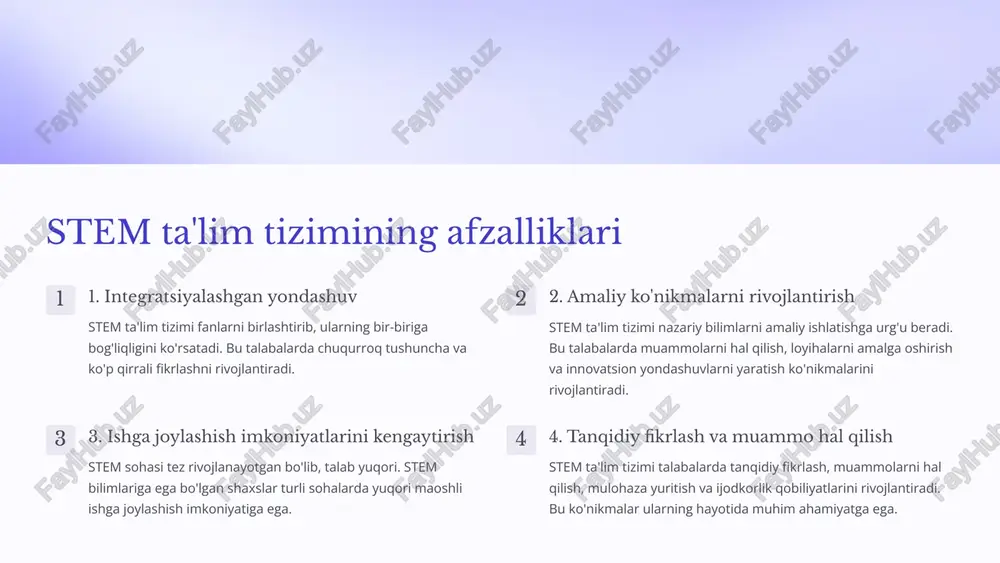 m ta'lim tizimi qo'shimcha resurslar va jihozlarni talab qiladi, bu maktablar uchun moliyaviy jihatdan qiyin bo'lishi mumkin. ushbu resurslarga ixtisoslashgan o'qituvchilar, laboratoriya jihozlari, materiallar va texnologiya kiradi. o'qituvchilar tayyorgarligining yetarli emasligi steam ta'lim tizimini samarali amalga oshirish uchun o'qituvchilar ushbu sohalarda yetarlicha bilimlarga ega bo'lishi kerak. ko'pgina o'qituvchilar stem fanlarida ixtisoslashmagan va steam o'qitish usullarini bilishmaydi. mavjud o'quv dasturlari bilan mos kelmasligi steam ta'lim tizimini amalga oshirish uchun mavjud o'quv dasturlarini qayta ko'rib chiqish va yangilash kerak. bu esa, o'quv rejasini o'zgartirish va yangi darsliklar yaratishni talab qiladi. 11 steam ta'lim tizimi dasturlari ta'lim dasturlari steam ta'lim tizimi dasturlari o'quvchilarga fanlarni o'zaro bog'lashga yordam beradi. bu dasturlar turli fanlar bo'yicha loyihalar, tadqiqotlar va tajribalarni o'z ichiga oladi. yondashuv dasturlar amaliy bilim va ko'nikmalarga e'tibor qaratadi. o'quvchilar muammolarni hal qilish, tanqidiy fikrlash va ijodiy yondashuvlarni o'rganadilar. qo'llanilishi steam dasturlari maktablarda, universitetlarda, shuningdek, maktabdan tashqari ta'lim muassasalarida qo'llaniladi. bu dasturlar turli yoshdagi …