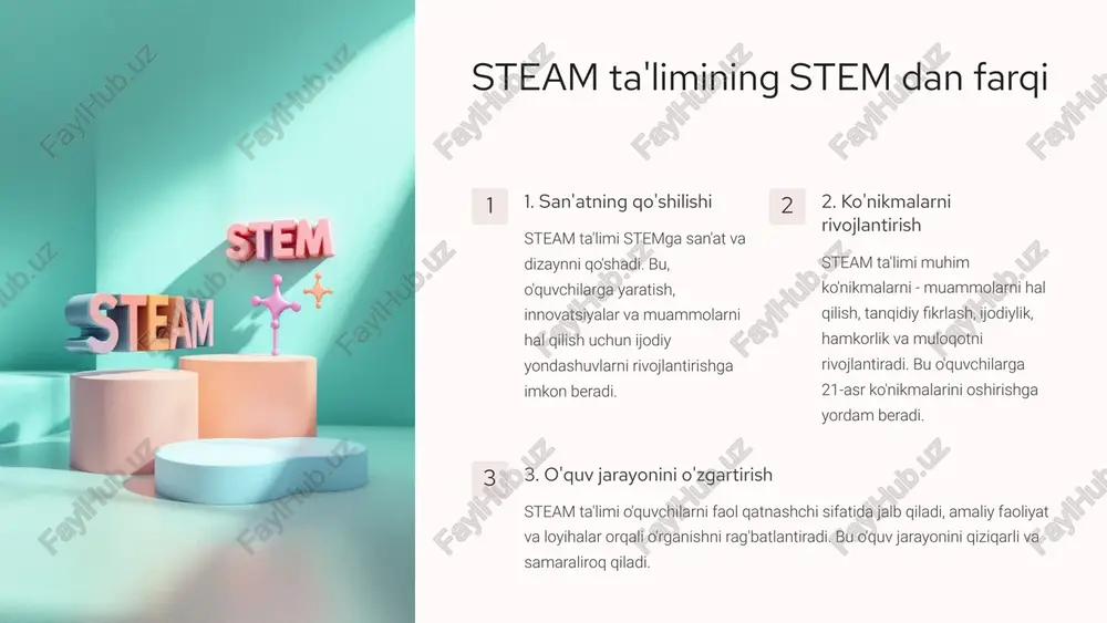 shlash va muloqot qilish ko'nikmalarini takomillashtirish orqali ijodiy g'oyalarni ishlab chiqishi va o'ziga ishonch hosil qilishi mumkin. 10 steam ta'limida tarbiyachining rolining ahamiyati faol o'qituvchi steam ta'limi o'qituvchidan o'zaro hamkorlik va faol ishtirok etishni talab qiladi. tarbiyachilar o'quvchilarni ijodiy tadqiqotlarga jalb qilishi, ularga fikr yuritish, muammolarni hal qilish va texnologiyani qo'llashni o'rgatishda muhim rol o'ynaydi. motivatsiya va qo'llab-quvvatlash tarbiyachilar o'quvchilarning qiziqishlarini uyg'otish, ularni yangi g'oyalarga ilhomlantirish va steam kontekstida o'rganishni rag'batlantirishda muhim rol o'ynaydi. ular o'quvchilarning muvaffaqiyatlarini rag'batlantirish va ularni qiyinchiliklarni yengishga qo'llab-quvvatlash orqali o'rganish jarayonini boyitadi. 11 steam ta'limida tarbiyachining innovatsion yondashuvi steam ta'limi o'quvchilarning ijodiy va amaliy qobiliyatlarini rivojlantirishga qaratilganligi sababli, tarbiyachining innovatsion yondashuvi muhim ahamiyatga ega. tarbiyachi o'quv jarayonini qiziqarli va interaktiv qilish uchun turli xil innovatsion usullarni qo'llashlari kerak. o'quvchilarda mustaqil fikrlashni rivojlantirish o'quvchilarga muammolarni hal qilish va yangi g'oyalarni ishlab chiqish uchun imkoniyatlar yaratish. loyihalar ustida ishlash o'quvchilarni turli xil loyihalarni yaratishga jalb qilish va …