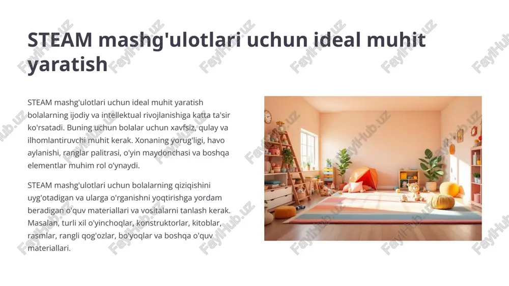 iyani yaxshilashga yordam beradi. musiqa bolalarga his-tuyg'ularini ifoda etish, o'zlarini erkin his qilish imkoniyatini beradi. o'yin orqali o'rganish harakatli o'yinlar bolalarda ijodiy fikrlashni rivojlantiradi. bolalar o'yin qoidalarini o'rganadi, jamoada ishlashni o'rganadi. o'yin orqali bolalar diqqat-e'tiborini oshirish, xotirasini yaxshilash imkoniyatiga ega bo'ladi. baxt va quvonch musiqa va o'yinlar bolalarga quvonch va baxt bag'ishlaydi. o'yin orqali bolalar stressdan xalos bo'ladi, o'zlarini bo'shashtiradi va o'zlarini xursand qiladi. musiqa va o'yinlar maktabgacha yoshdagi bolalarning jismoniy va aqliy rivojlanishiga ijobiy ta'sir ko'rsatadi. 11 tabiat va uni o'rganish mashg'ulotlari tabiatni o'rganish maktabgacha yoshdagi bolalarning kognitiv rivojlanishiga katta ta'sir ko'rsatadi. ular atrof-muhitni kuzatish, o'simliklar va hayvonlar haqida bilimlarini oshirish, ekologiya va tabiiy resurslarni qadrlashga o'rganadilar. steam yondashuvi ushbu jarayonga o'ziga xos qiziqarli va interaktivlikni qo'shadi. 1 kuzatish bolalar atrofdagi o'simliklar, hayvonlar va tabiiy hodisalarni diqqat bilan kuzatadilar. 2 tekshirish ular kuzatilgan narsalarni sinab ko'rish, taqqoslash va tasniflash orqali yangi bilimlarga ega bo'ladilar. 3 tadqiqot tadqiqot savollari shakllanishi …