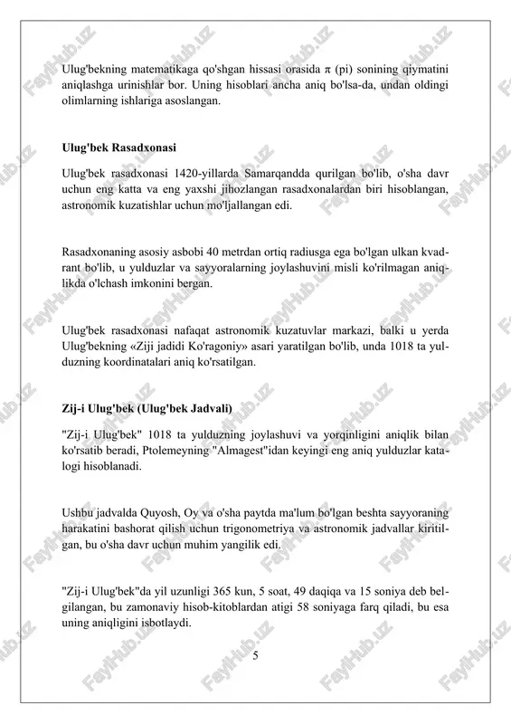 erakligi haqida 4 ta asosiy tamoyil keltirilgan. "savol-javoblar" ulug'bekning olimlar bilan ilmiy bahslari natijasida yuzaga kelgan bo'lib, unda 6 ta matematik va geometrik masalalar muhokama qilinadi, shu jumladan trigonometrik funksiyalarni hisoblash usullari ham bor. xulosa mirzo ulug'bek davlat arbobi bo'lish bilan birga, o'z davrining etuk olimi sifatida ham tarixda o'chmas iz qoldirdi. foydalanilgan adabiyotlar 1. mirzo ulug'bek nafaqat davlat arbobi, balki buyuk olim ham edi. (masalan, p.p. ivanov, "ocherki po istorii sredney azii (xvi - seredina xix v.)", moskva, 1958.) 2. ulug'bek davlat boshqaruvi bilan bir qatorda ilm-fanga katta e'tibor qaratgan. (yu.f ( 0 0 0 ) ( 7 )