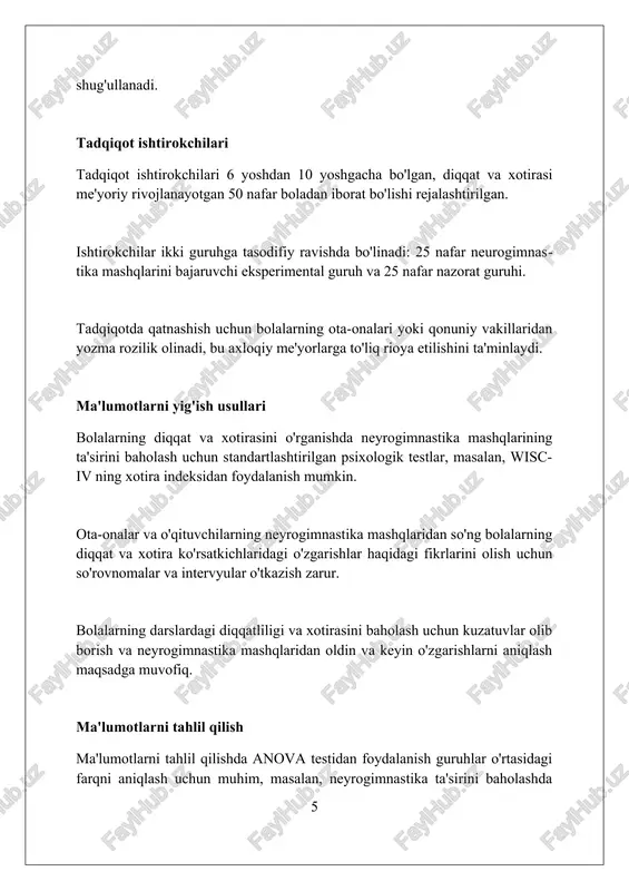 a mashqlariga javob o'rtasidagi bog'liqlikni baholash kelajakdagi tadqiqotlar uchun istiqbolli yo'nalishdir. xulosa neyrogimnastika mashqlari bolalarda diqqat va xotirani rivojlantirishga ijobiy ta'sir ko'rsatadi, bu esa ularning o'qish qobiliyatini yaxshilaydi. foydalanilgan adabiyotlar 1. anderson, v. a., levin, x. s. (2010). e'tibor va xotiraning bolalikdagi jarohatdan keyingi rivojlanishi. neyropsixologiya rivojlanishi. 2. daymond, a., li, k. (2011). ijro etuvchi funktsiyalar bolalikda rivojlanadi. annual revyu of psixolodji, 62, 135-160. 3. gervits, k. v ( 0 0 0 ) ( 7 )