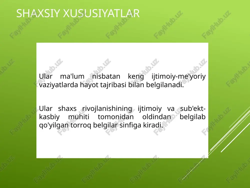 nazariy asos - k. leonhardning urg'ulangan tiplar nazariyasi, v. n. myasishchevning munosabatlar tizimi sifatidagi shaxs nazariyasi. diagnostika predmeti xarakter belgilarining aksentatsiya turlari hisoblanadi tarozilar (11) empirik tarzda aniqlangan xarakter aksentsiyasi turlariga mos keladi: gipertimik, sikloid, emotsional labil, astenonevrotik, sezgir, psixostenik, shizoid, epileptoid, isterik, beqaror, konformistik. qayta ishlash tartibi : 1) kalit bo'yicha ball qo'yish 2) olingan natijalar ikkita asosiy baholash shkalasi bo'yicha baholanadi: ob'ektiv va sub'ektiv baholash 3) ob'ektiv baholash shkalasida ko'rsatilgan qo'shimcha ko'rsatkichlar (nosimulyatsiya va ochiqlik) natijalarning ochiqligini baholashga imkon beradi. savollar (topshiriqlar) soni - 25 ta shmishekning ta'kidlangan shaxsiyat xususiyatlari so'rovnomasi (sapt) mavjud shakllar (o'zgartirishlar) - yo'q nazariy asos sifatida k.leonhardning urg‘ularning tipologiyasi yotadi diagnostika predmeti - urg'u turlari tarozilar (10) urg'u turlariga mos keladi: gipertimik, tashvishli, distimik, pedantik, qo'zg'aluvchan, emotsional, tiqilib qolgan, ko'rgazmali, siklotimik, ko'tarilgan. qayta ishlash tartibi : 1) tashxis qo'yilgandan so'ng darhol xom ball olish; 2) xom ballni statistik standart bilan solishtirish; 3) "shaxsning aksentuatsiya …