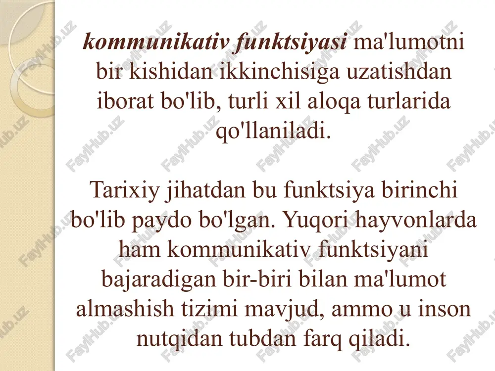 ekspressiv vositalarni mimika (yuz mushaklarining qisqarishi) va pantomima (qo'l-oyoq, gavda va boshning harakatlari) tasniflash mumkin. uchinchidan, imo-ishoralarning o'zini "illyustratorlar", "regulyatorlar", "emblemlar", " adapterlar ", " affektorlar " va boshqalarga fonetik-fonemik (yunoncha telefondan – ovoz, tovush) tuzilishi tilning tovush tarkibini, leksik (yunoncha lexis – so‘z) – lug‘atini va grammatik (lotin tilidan gramma - yozuv, harf) - uning tuzilishi (so'z yasash usullari, so'zlarning jumlalarga birikmasi va boshqalar). og'zaki nutq - bu odamlarning bir-biri bilan to'g'ridan-to'g'ri muloqot qilish, ma'lum tovushlar to'plamini talaffuz qilish; yozma nutq - bu ramzlarning (belgilar, harflar, ierogliflar va boshqalar) moddiy vositalaridagi tasvirlardan foydalanish orqali uning mazmunini etkazishni o'z ichiga olgan nutq. dialogik nutq kamida ikki kishining ishtirokini o'z ichiga oladi, birining nutqi ikkinchisining so'zlariga bo'lgan munosabatdir. monolog nutq bir kishiga tegishli; u boshqa odamlar ishtirokida ham talaffuz qilinishi mumkin (masalan, auditoriyaga hisobot berishda), lekin qabul qiluvchilarning nutq reaktsiyalarini o'z ichiga olmaydi. ichki nutq psixik jarayonlarni va inson xatti-harakatlarini boshqarishda …