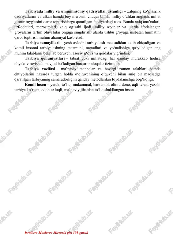 uhiy, aqliy) ta’minlash yoʻlida koʻriladigan chora-tadbirlar yigʻindisi. tarbiya maqsadi – talaba-yoshlarda milliy gʻoya va milliy mafkurani shakllantirishda ilmiy pedagogik tadqiqot metodlari qoʻllaniladi. tarbiya maqsadining aniqligi – oʻzbekiston respublikasining «ta’lim toʻgʻrisida» gi qonuni, hamda «kadrlar tayyorlash milliy dasturi» larining gʻoyalarini e’tiborga olgan holda erkin, ijodkor, mustaqil fikr egasi boʻlgan barkamol insonni tarbiyalab voyaga yetkazishdan iboratdir. ushbu maqsadga erishish yoʻlidagi asosiy vosita bu shaxsda umumiy madaniyatni tarkib toptirishdir, ya’ni, shaxsning aqliy, ahloqiy, jismoniy, estetik, iqtisodiy, ekologik, huquqiy, mafkuraviy hamda mehnat madaniyatini shakllantirish kabi tarbiyaning bosh maqsadini amalga oshirish imkoniyatini yaratishdan iboratdir. tarbiyada demokratik va insonparvarlik gʻoyalarining ustunligi – tarbiyada inson shaxsini ijtimoiy qadriyat deb tan olinishi, har bir bola, oʻsmir va oʻspirinning betakror va oʻziga xosligini hurmatlash, uning ijtimoiy xulqi va erkinligini hisobga olishdir. tarbiyada milliy va umuminsoniy qadriyatlar ustunligi – xalqning koʻp asrlik qadriyatlarini va ulkan hamda boy merosini chuqur bilish, milliy oʻzlikni anglash, millat gʻurur tuygʻusini qaror toptirishlarga qaratilgan faoliyatdagi …