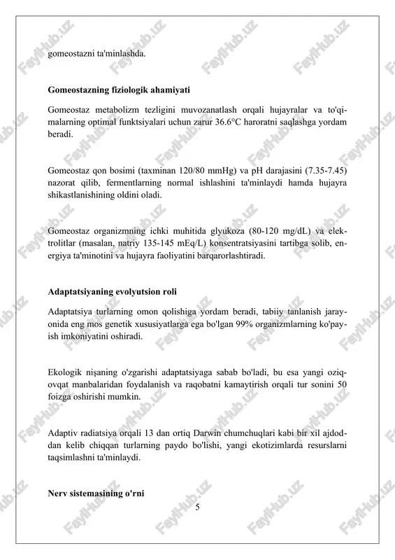 qolish darajasini oshiradi. gomeostaz tushunchasi organizmning ichki muvozanatini, masalan, qon ph darajasini 7.35-7.45 oralig'ida ushlab turish orqali barqarorligini anglatadi. xulosa tirik organizmlar o'z-o'zini boshqarish, funksional boshqaruv, gomeostaz va moslashuv orqali barqarorlikni saqlaydi va atrof-muhitga moslashadi. foydalanilgan adabiyotlar 1. kanada devis, r. (2009). mukammallashuvga chidamlilik: uy sharoitida xato va aniqlik. biologiya nazariyasi, 7(4), 245-260. 2. bil, j.b. (2015). tirik organizmlardagi gomeostaz ottava universiteti jurnali, 7(1), 74-79. 3. vallas, j. (2012). gomeostazning tarixiy rivojlanishi ( 0 0 0 ) ( 7 )
