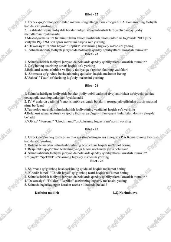 faoliyatida bolalar ijodiy qobiliyatlarini rivojlantirishda tarbiyachi qanday pedagogik texnologiyalardan foydalanadi? 2.shirmada qo'girchoq boshqarishning qoidalari haqida ma'lumot bering 3.kichik guruhda sahnalashtirish faoliyati mashg'ulotlarida tavsiya etiladigan ifoda vositalari haqida so'z yuriting 4. "empatiya" "replika" "ijod" so'zlarining lug'aviy ma'nosini yozing 5.bolalarni sahnalashtirish va ijodiy faoliyatga o'rgatish fani qaysi fanlar bilan doimiy aloqada bo'ladi? bilet - 18 1. shirmada qo'g'irchoq o'ynatishning qoidalari haqida ma'lumot bering 2.teatrlashtirilgan o'yinlar davomida bolalarda qaysi sifatlar shakllanadi 3. sahnada bajarilayotgan harakat necha xil holatda bo'ladi? 4."dekorasiya" "folklor" "replika" so'zlarining lug'aviy ma'nosini yozing 5.bolalarni sahnalashtirish va ijodiy faoliyatga o'rgatish fani qaysi fanlar bilan doimiy aloqada bo'ladi? bilet - 19 1. qo'g'irchoq teatrining turlari haqida so'z yuriting 2. iv-v asrlarda qadimgi yunoniston(gretsiya)da bolalarni teatrga jalb qilishdan asosiy maqsad nima bo`lgan? 3.tayyorlov guruhda sahnalashtirish faoliyatining vazifalari haqida so'z yuriting 4.bolalarni sahnalashtirish va ijodiy faoliyatga o'rgatish fani qaysi fanlar bilan doimiy aloqada bo'ladi? 5."obraz" "personaj" "mizanssena" so'zlarining lug'aviy ma'nosini yoriting bilet - 20 …
