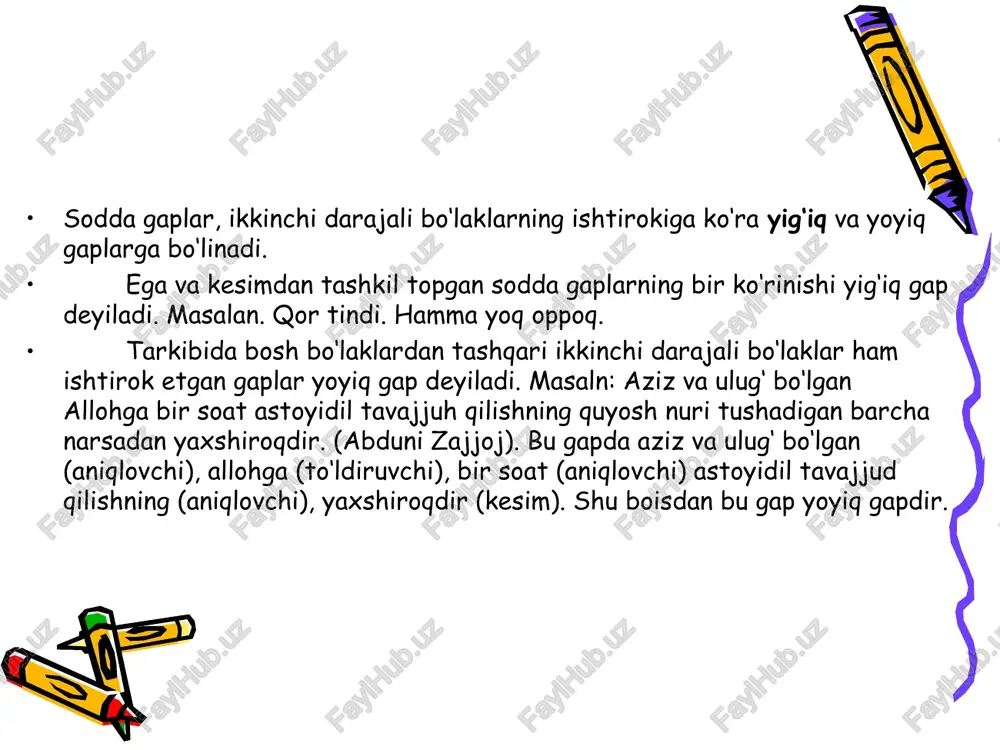 v). gazeta ishidan misol keltiib gapiray. (f.musajonov). 3. shart maylidagi fe’l bilan: xulosangizga astoydil ishonsangiz, nimdan qo‘rqasiz? tushuntirsangiz, tushunishadi. (j.abdullaxonov). shaxsi aniq gapning kesimi ba’zan fe’ldan boshqa so‘zlar bilan ham ifodalanishi mumkin. masalan: kelishgan, o‘qimishlisiz, buning ustiga yoshsiz. (f.musajonov). mulla usmon, ... hammasidan xabardorsiz. (p.qodirov). shaxsi aniq gaplar badiy adabiyotda, ayniqsa, dialogik nutqda ko‘p qo‘llanadi. 2. egasi topilmaydigan gap kesimi orqali harakatni bajaruvchi shaxs (ega)ni topish mumkin bo‘lmagan bir bosh bo‘lakli gap egasi topilmaydigan yoki shaxssiz gap deyiladi. bunday gaplarda egani kiritib ham bo‘lmaydi, gapning kesimi orqali aniqlab ham bo‘lmaydi. egasi topilmaydigan gapning kesimi ko‘pincha tarkibli bo‘lib, quyidagicha ifodalanidi: 1. –(i)b affiksli ravishdosh hamda «bo‘ladi»// «bo‘lmaydi» so‘zi bilan: el og‘ziga elak tutib bo‘lmaydi. (maqol). momaqaldiroqning gumburiga chidab bo‘lmaydi. (j.abdullaxonov). – nima endi, haq gapni ham gapirib bo‘lmaydimi? - ... so‘radi u. (f.musajonov). 2. shart maylidagi fe’l hamda «bo‘ladi»// «bo‘lmaydi» so‘zi bilan: - shu tor yo‘ldan afg‘onistonga o‘tsa bo‘ladi. (k.yashin.). 3. …
